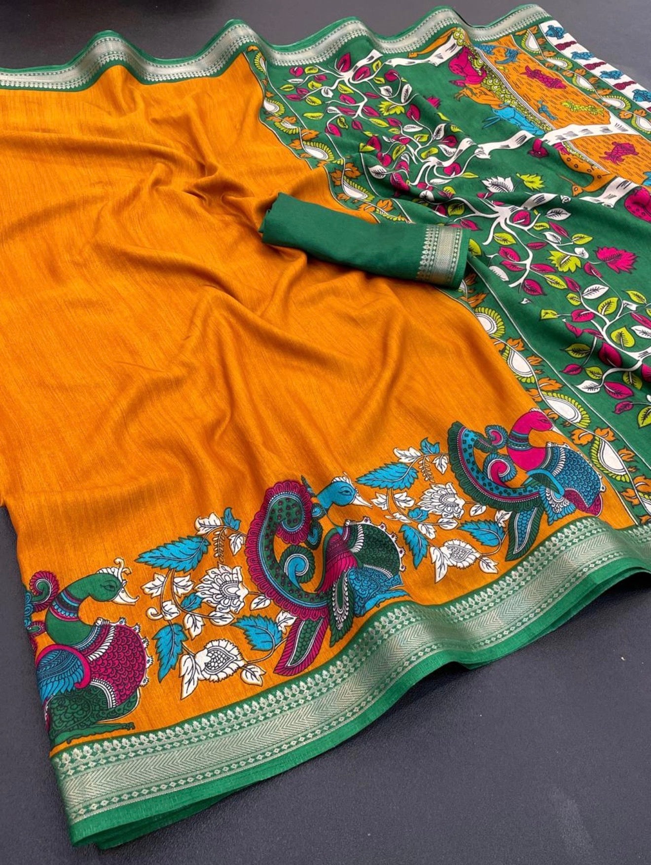 KALAMKARI SMALL BORDER BOUTIQUE SAREE - CARAMEL