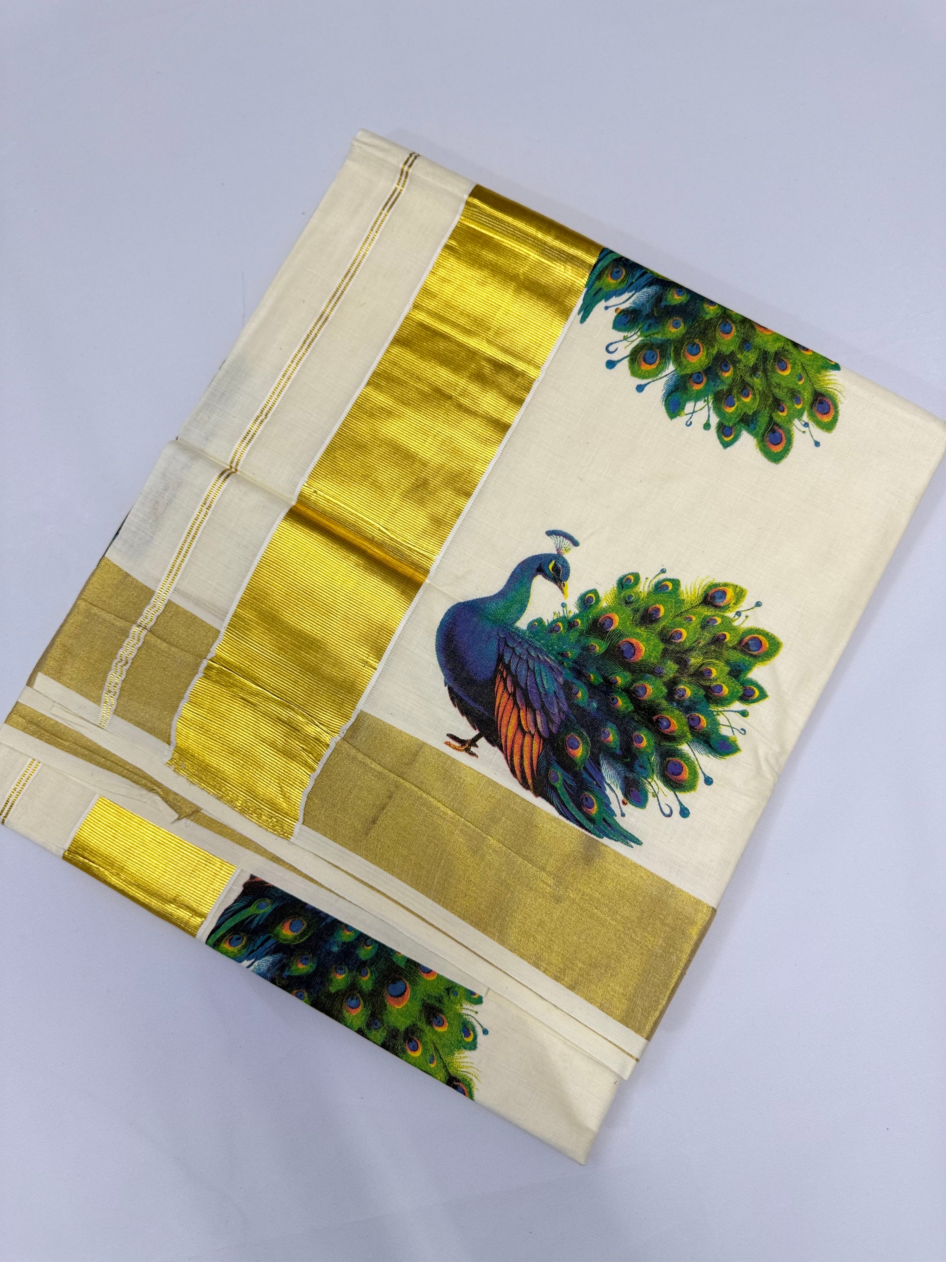 PEACOCK PRINTED KASAVU COTTON SAREE (GOLD)