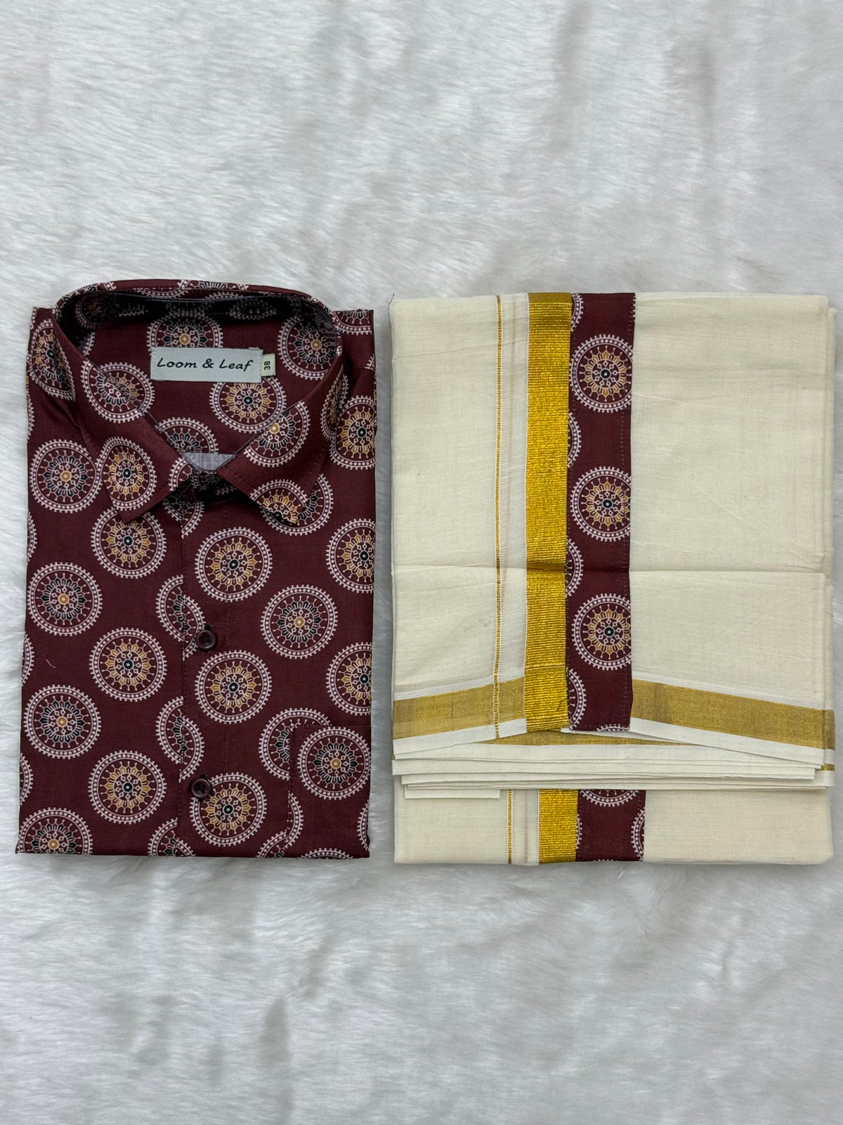 PREMIUM PRINTED SHIRT & MUNDU COMBO - DEEP MAROON