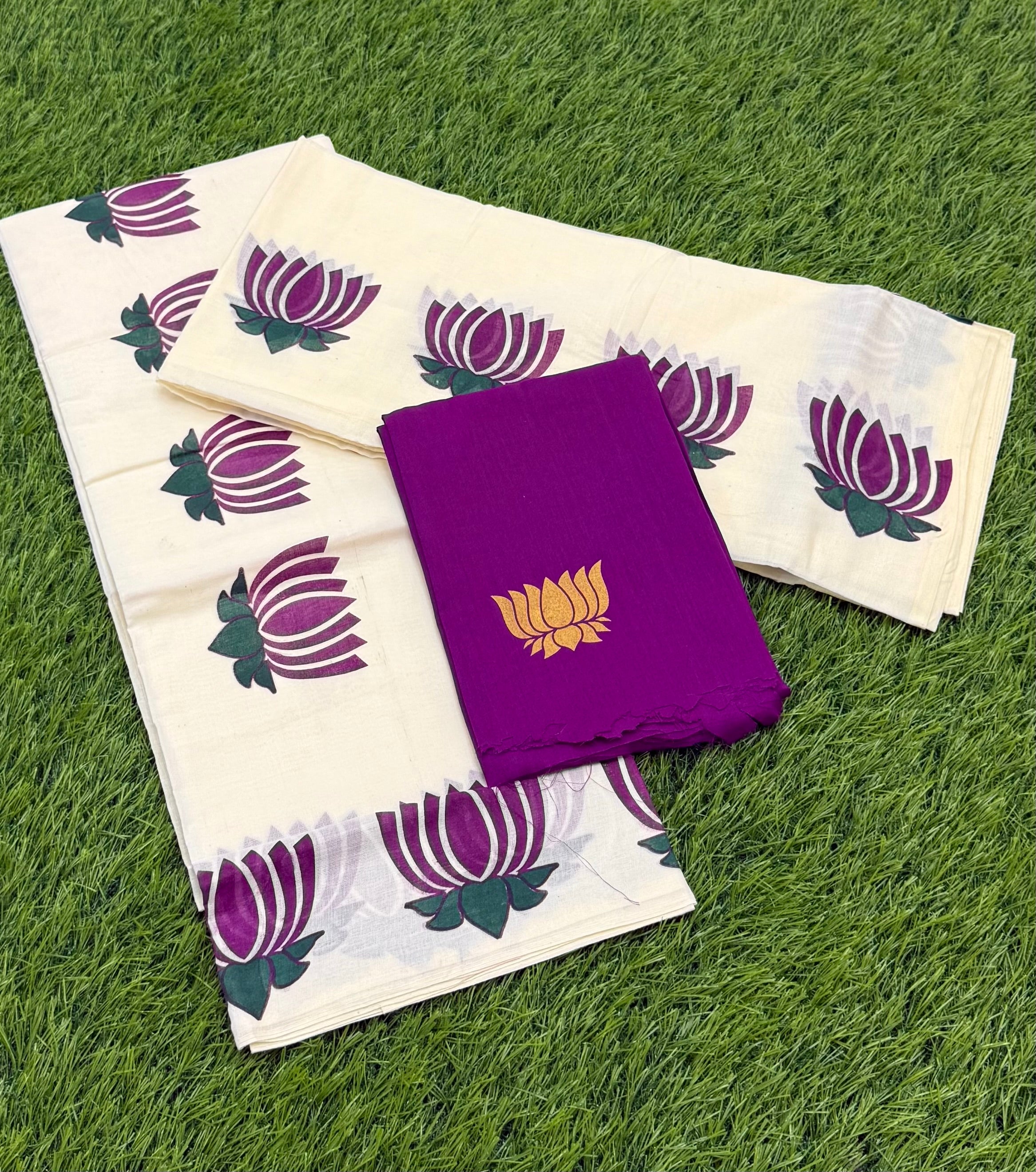 FANCY PRINTED SINGLE SET MUNDU (MUNDUM NERIYATHUM) WITH BLOUSE PIECE - 2 X 2.50 MTRS