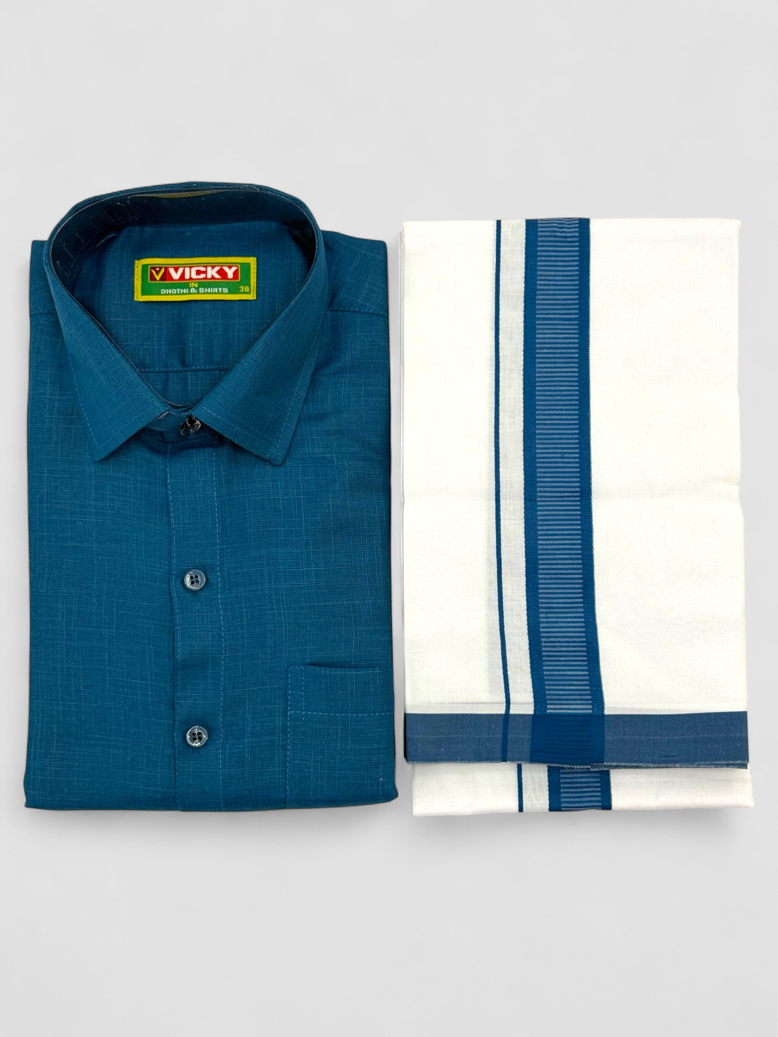 MEN'S MATCHING FANCY BORDER SINGLE DHOTI & SHIRT SET - PRUSSIAN BLUE