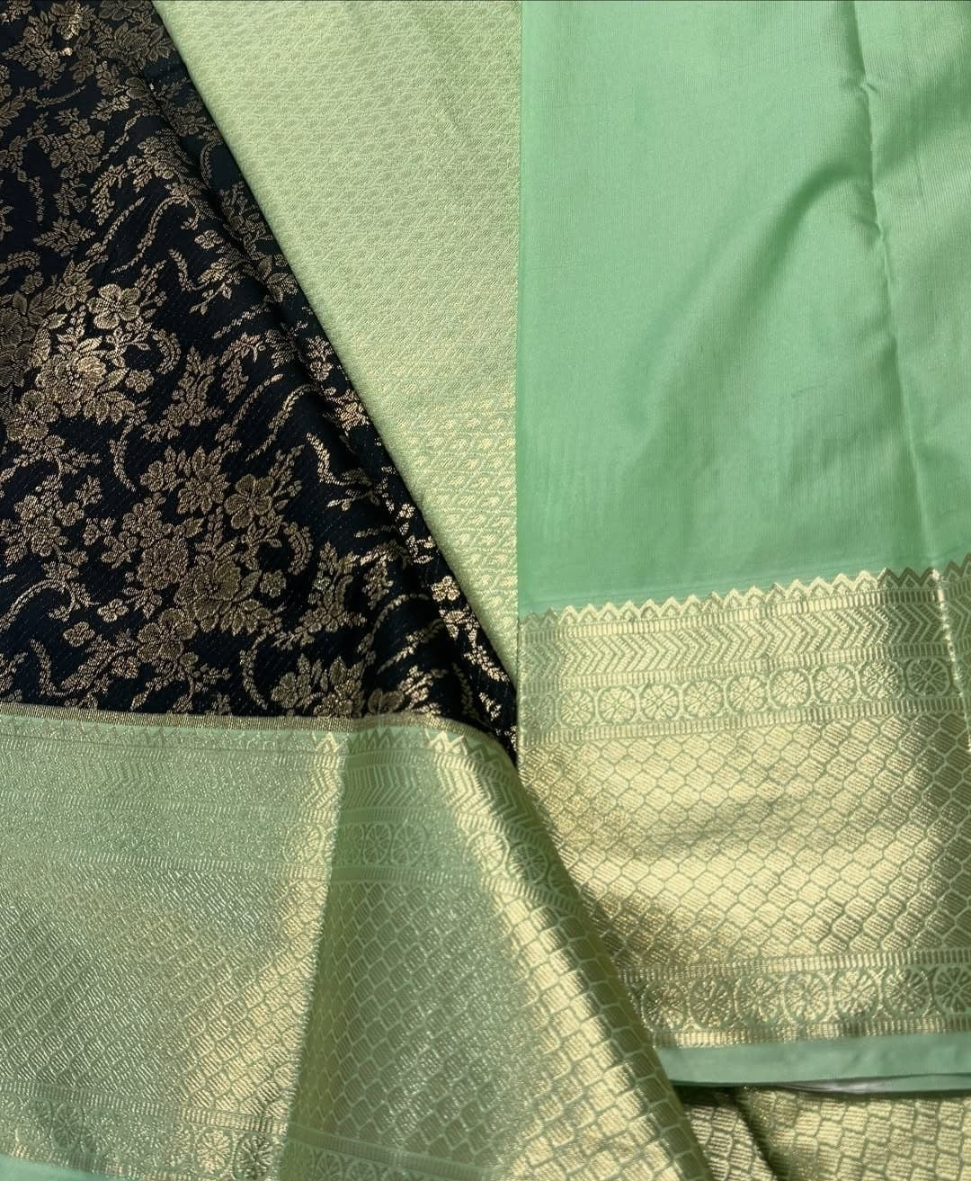 SEMI KANCHI SILK SAREE - BLACK & PASTEL GREEN