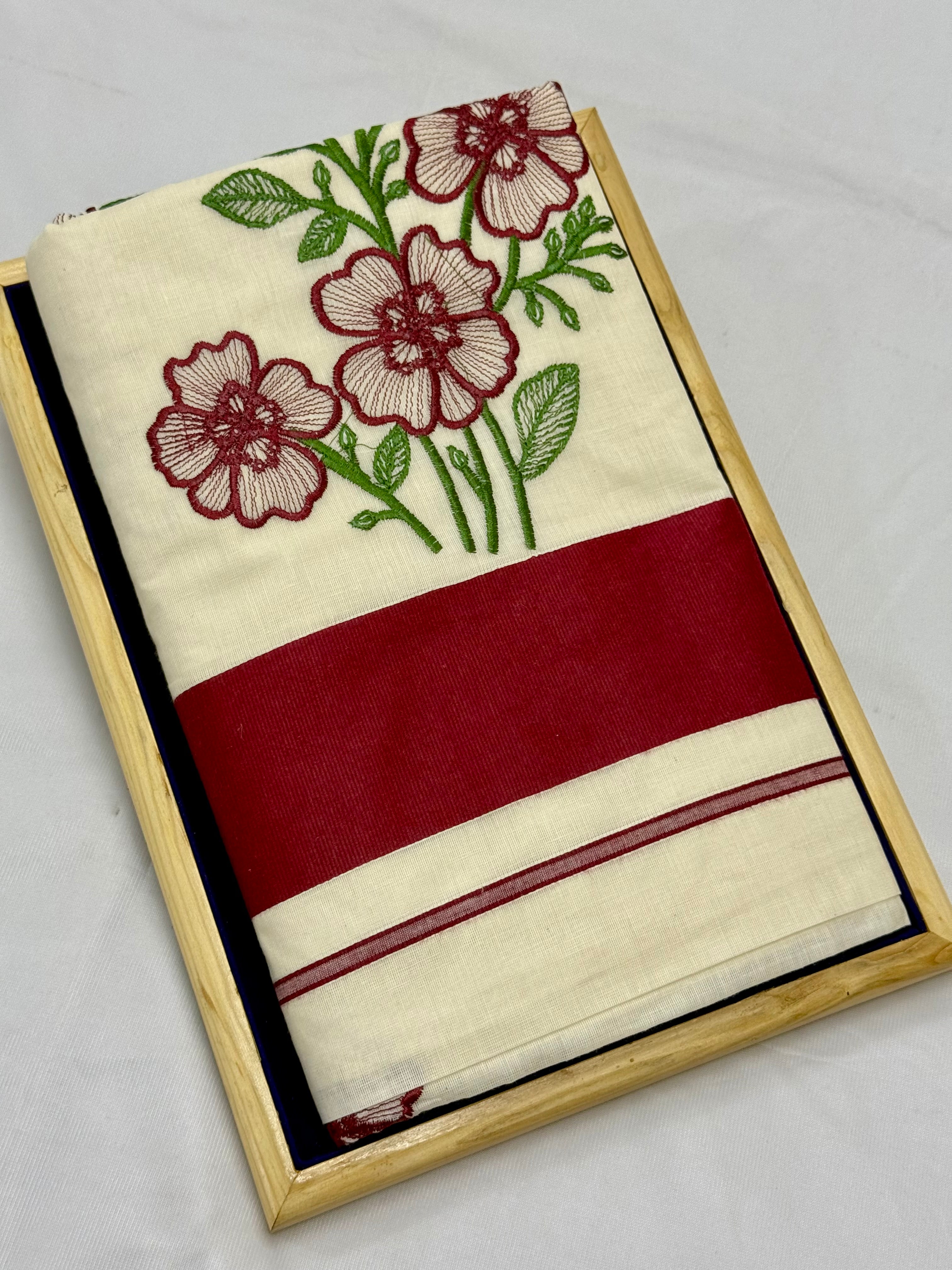 KERALA KASAVU COTTON EMBROIDERY SAREE - (OFF WHITE,MAROON)