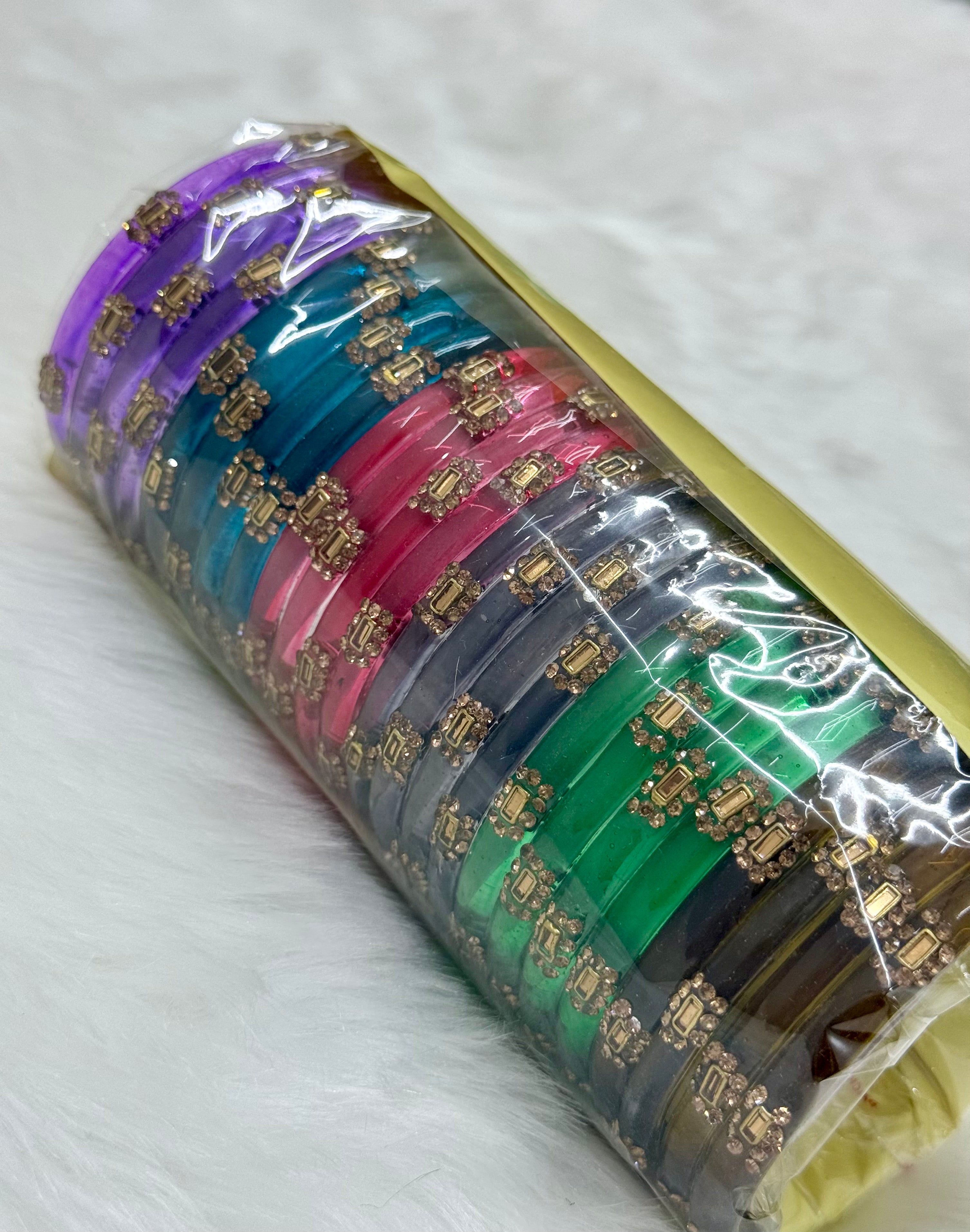 FANCY STONE WORK GLASS BANGLS - 6 COLOURS (BOX OF 24 PCS)