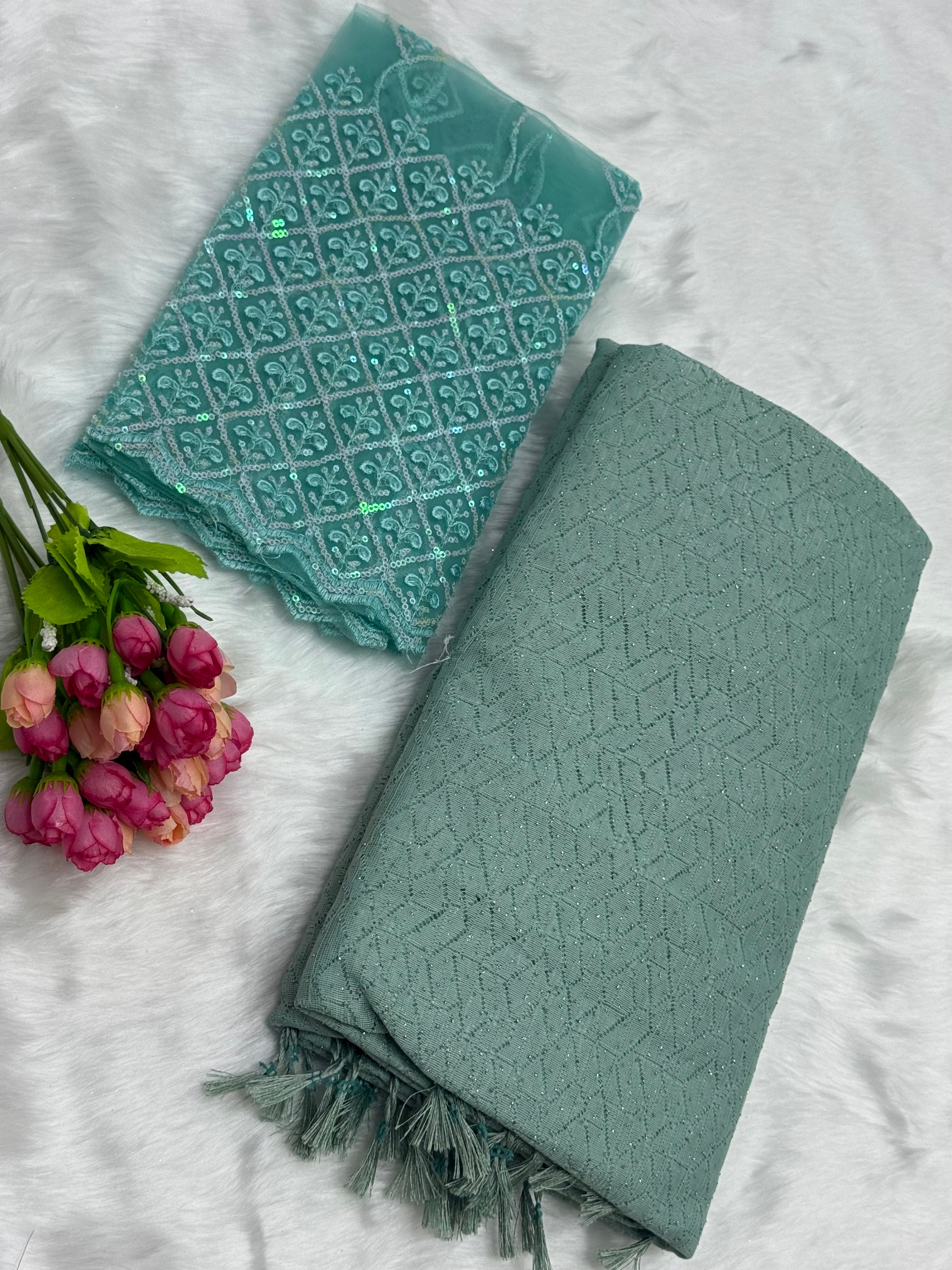 NETTED GEORGETTE SAREE WITH BLOUSE PIECE - TRUMPET TEAL