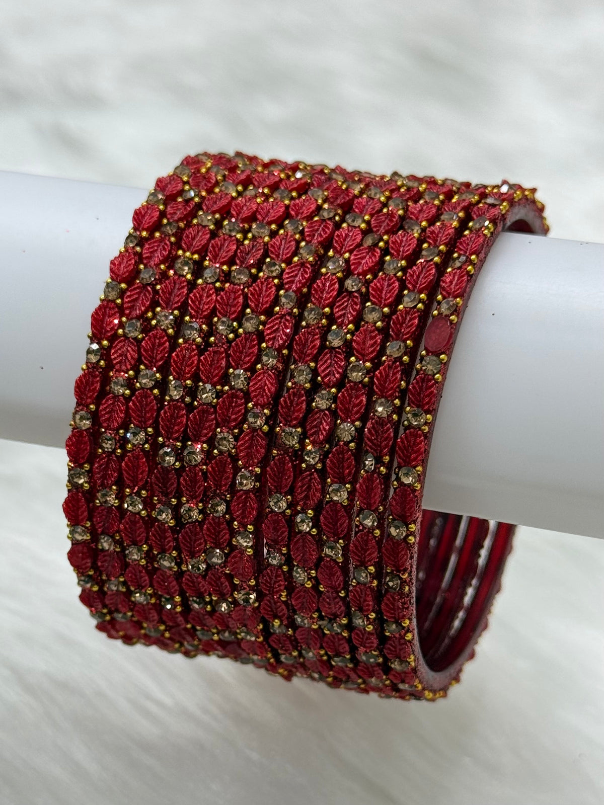 PREMIUM LEAF DESIGN STONE STUDDED GLASS BANGLES PACK OF 12