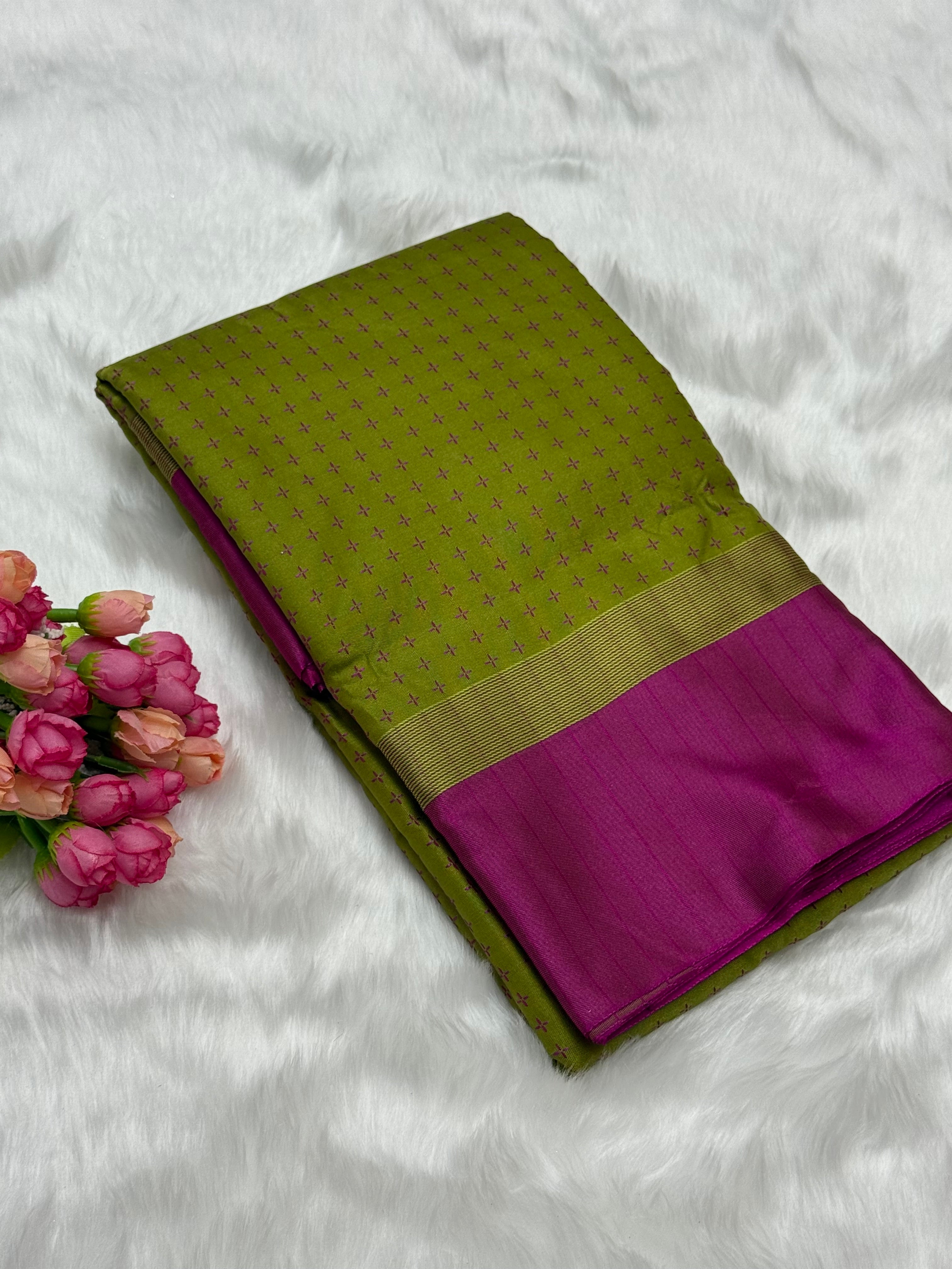 FANCY THREAD DOTED SOFT SILK SAREES - OLIVE GREEN