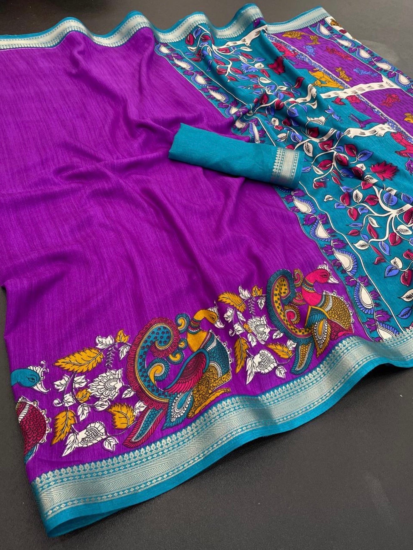 KALAMKARI SMALL BORDER BOUTIQUE SAREE - VIOLET