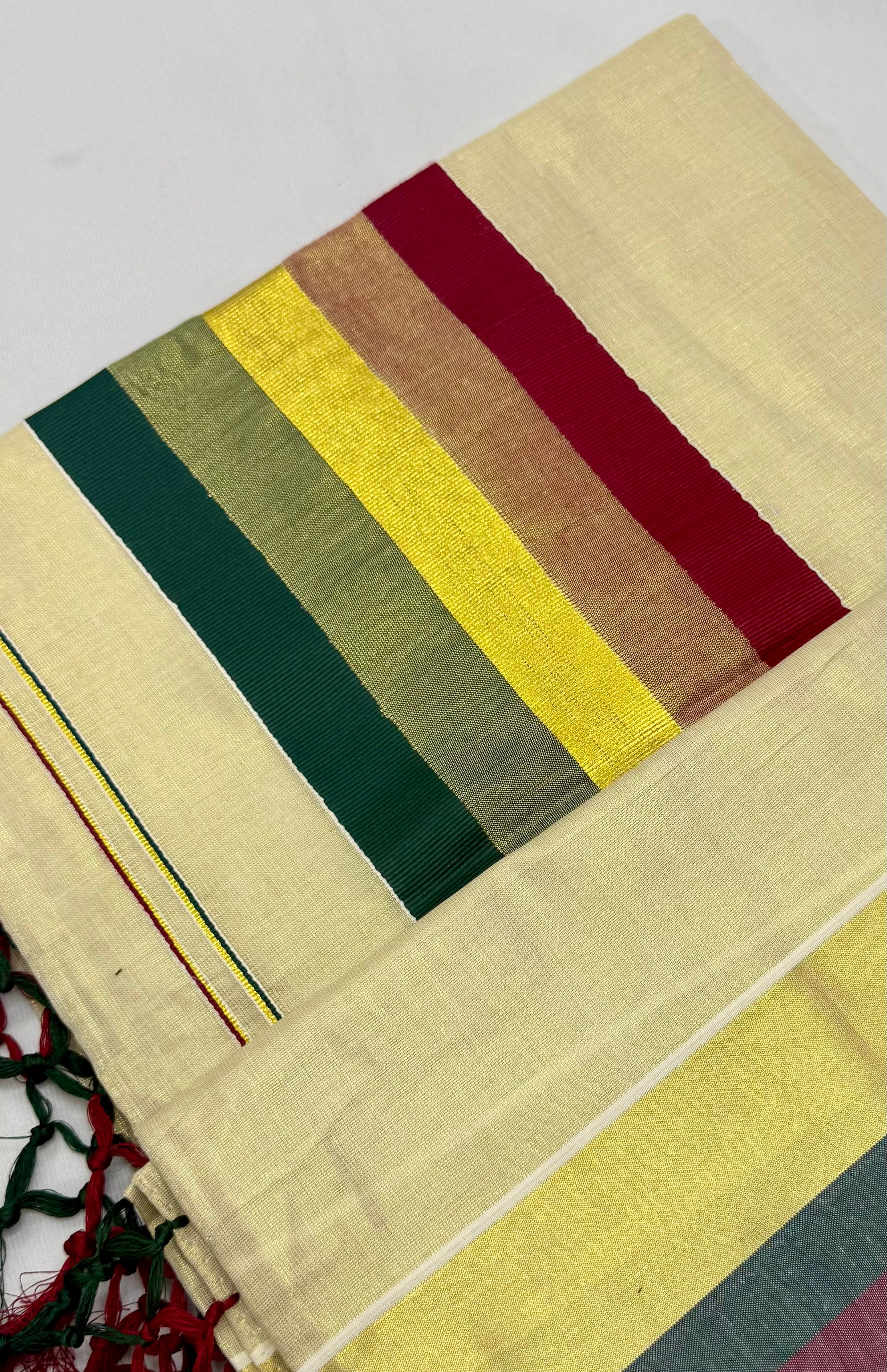 MULTI COLOUR STRIPES GOLDEN KASAVU TISSUE SAREE - (CREAM,GOLD)