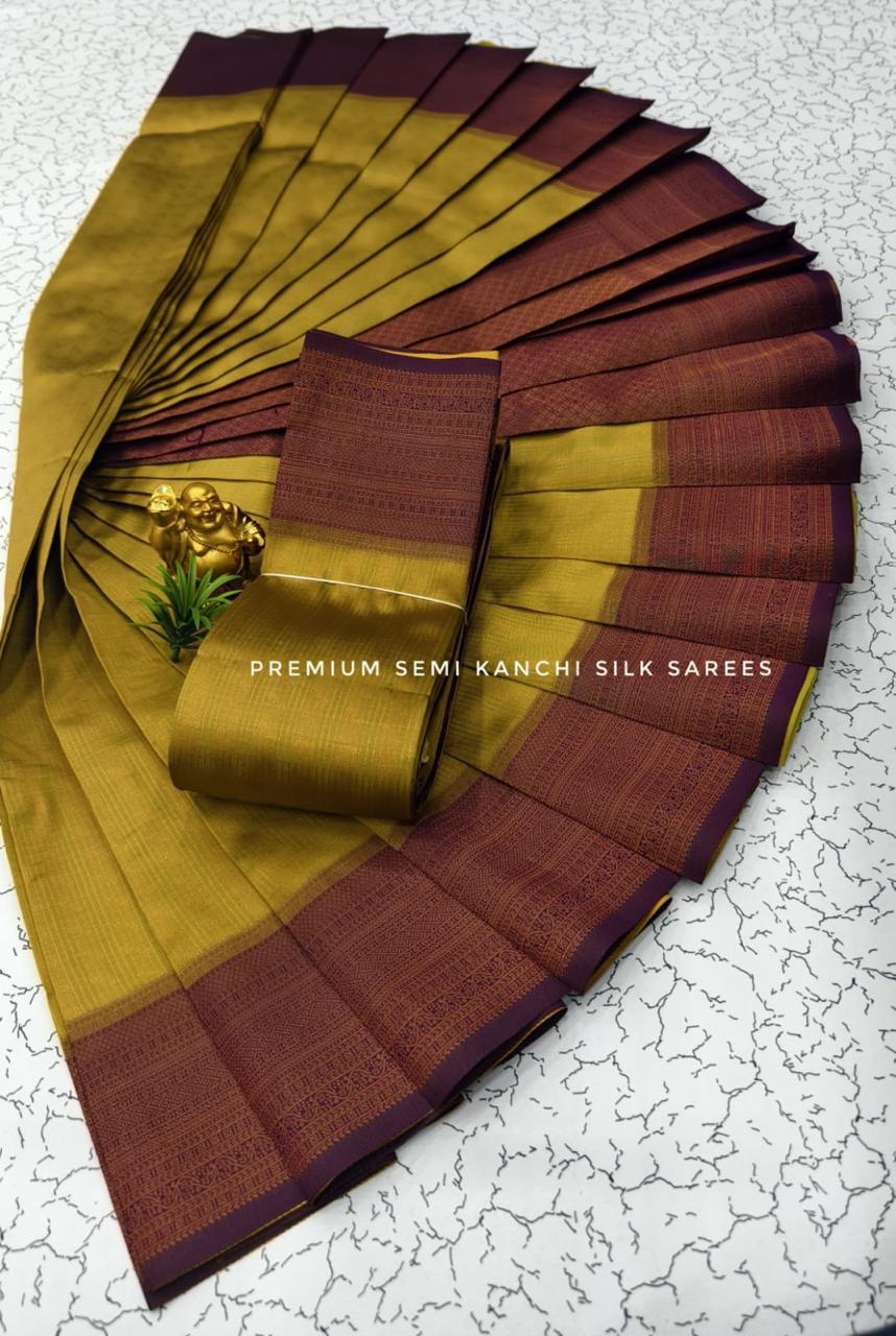 PREMIUM SEMI KANCHI SILK SAREES - GOLDEN GREEN