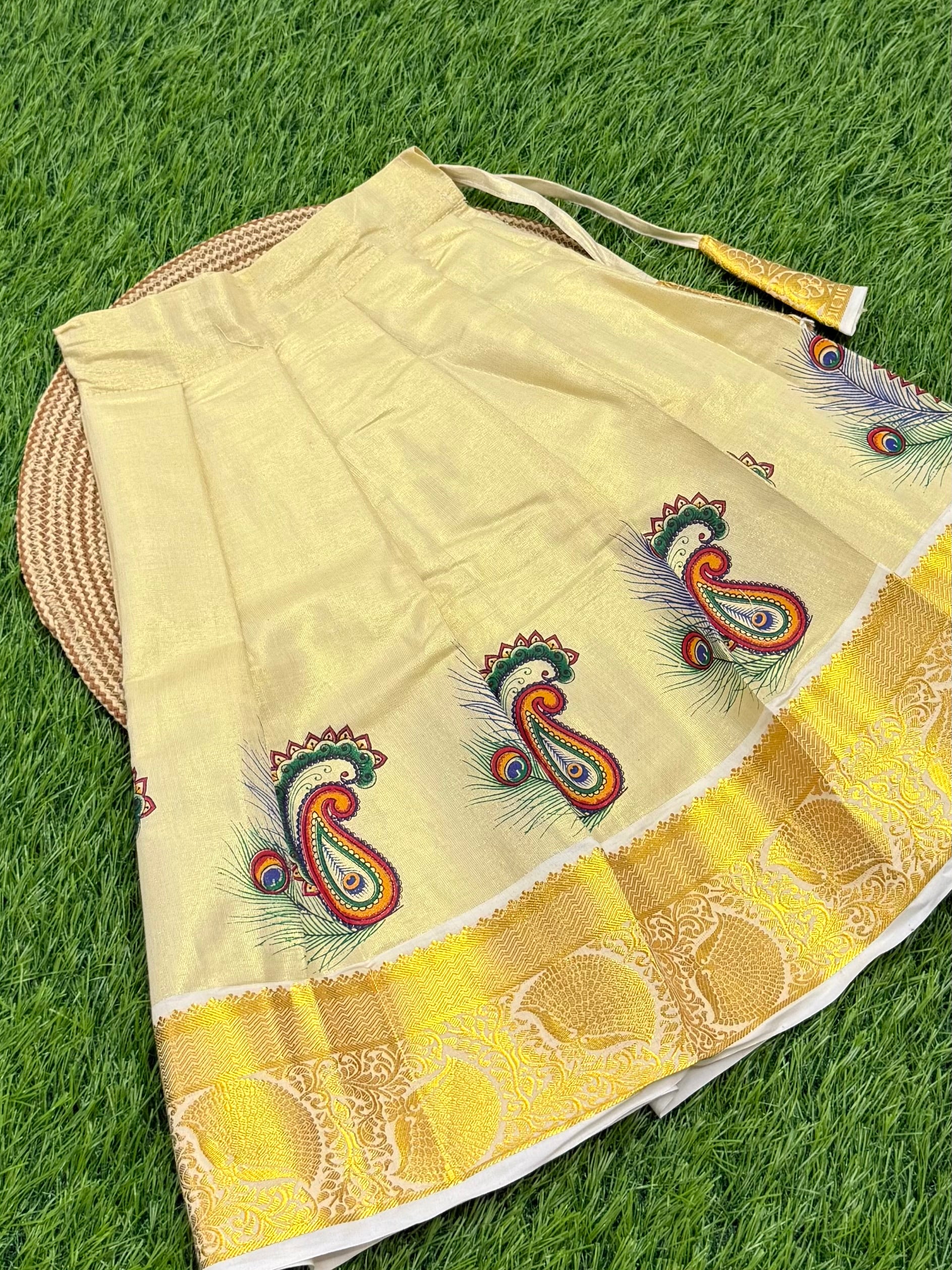 KIDS GIRL'S PATTU PAVADAI - CREAM & BLUE