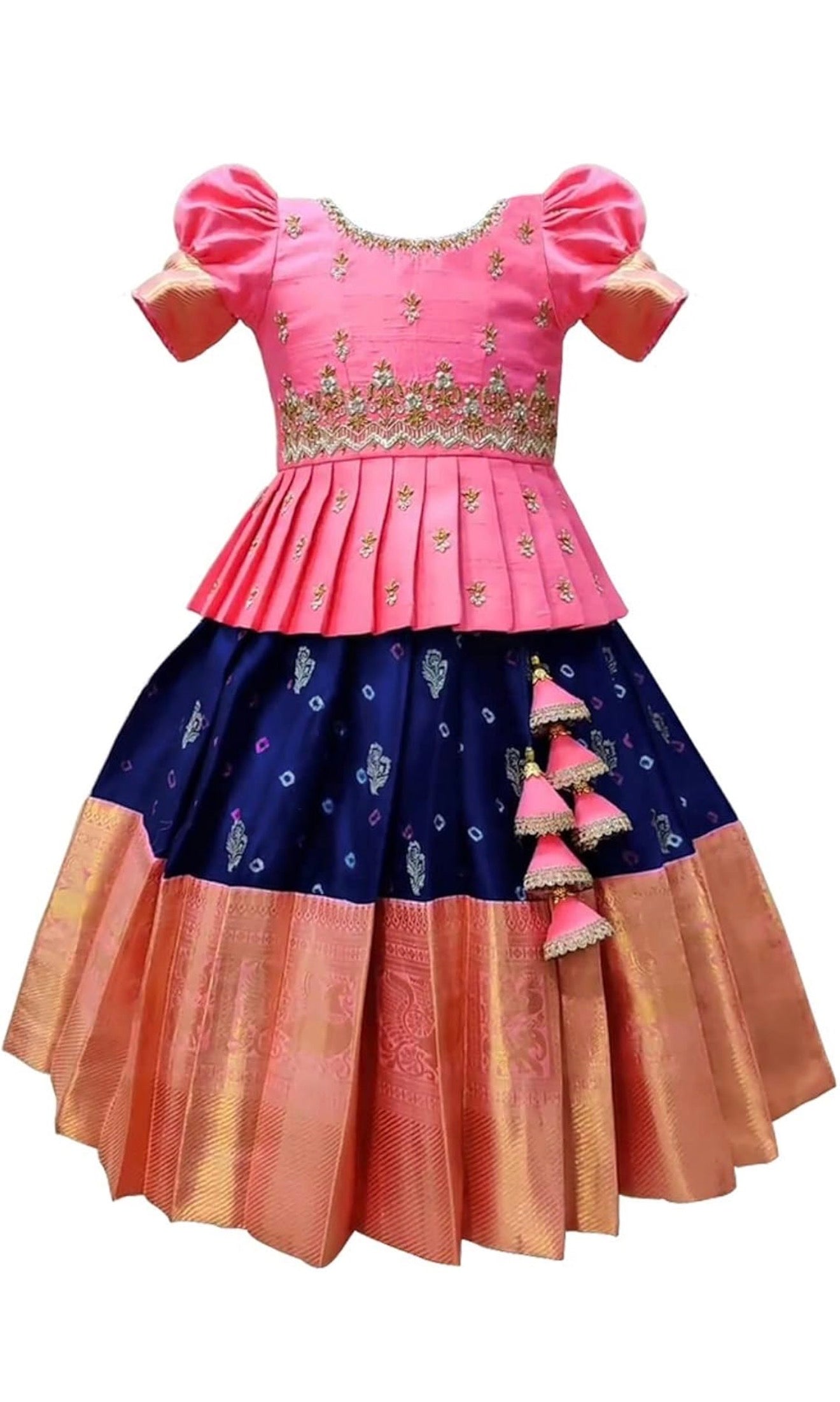 GIRLS SILK BLEND READYMADE PATTU PAVADAI/LEHENGA CHOLI - BABY PINK & BLUE