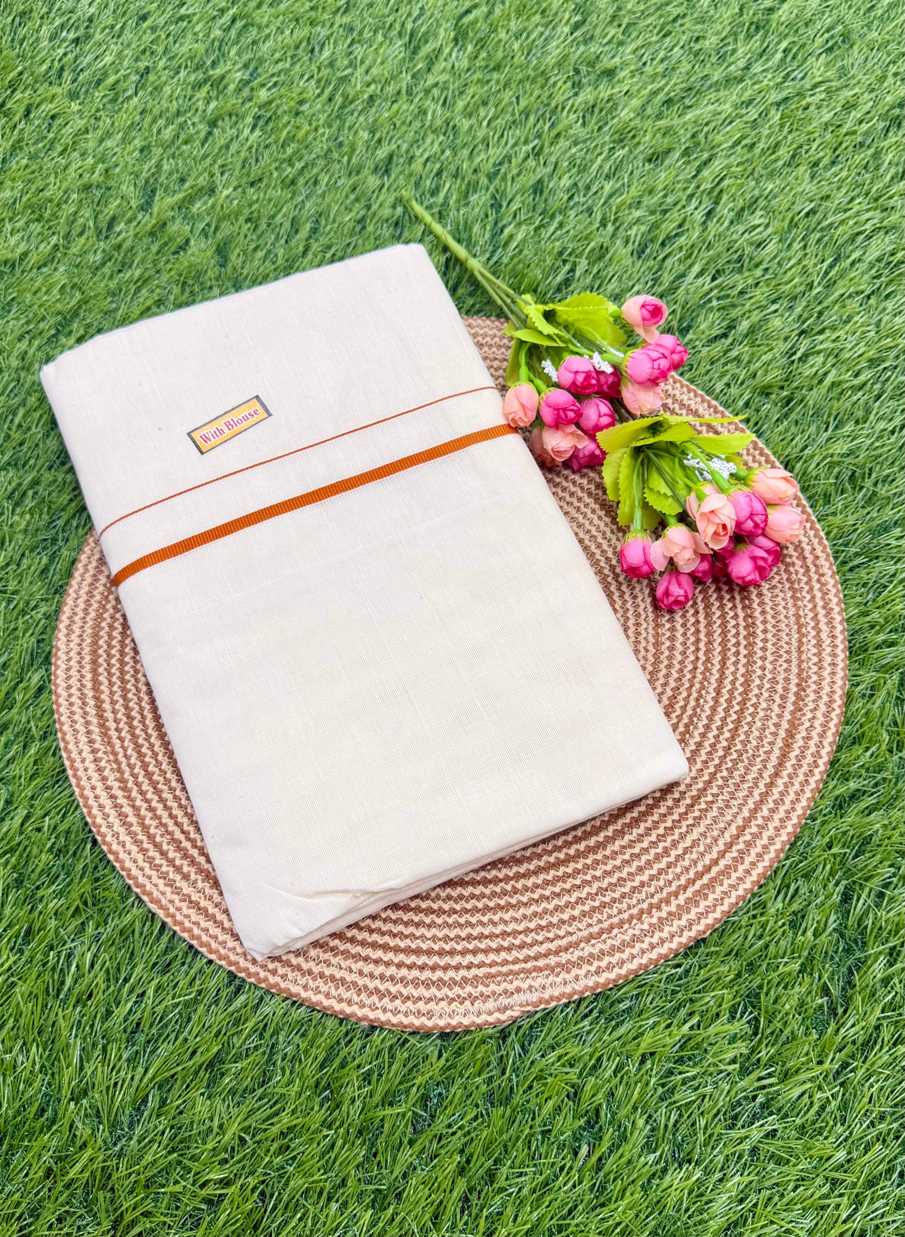 KERALA KASAVU SOLID/PLAIN PURE COTTON SAREE - RUSTY
