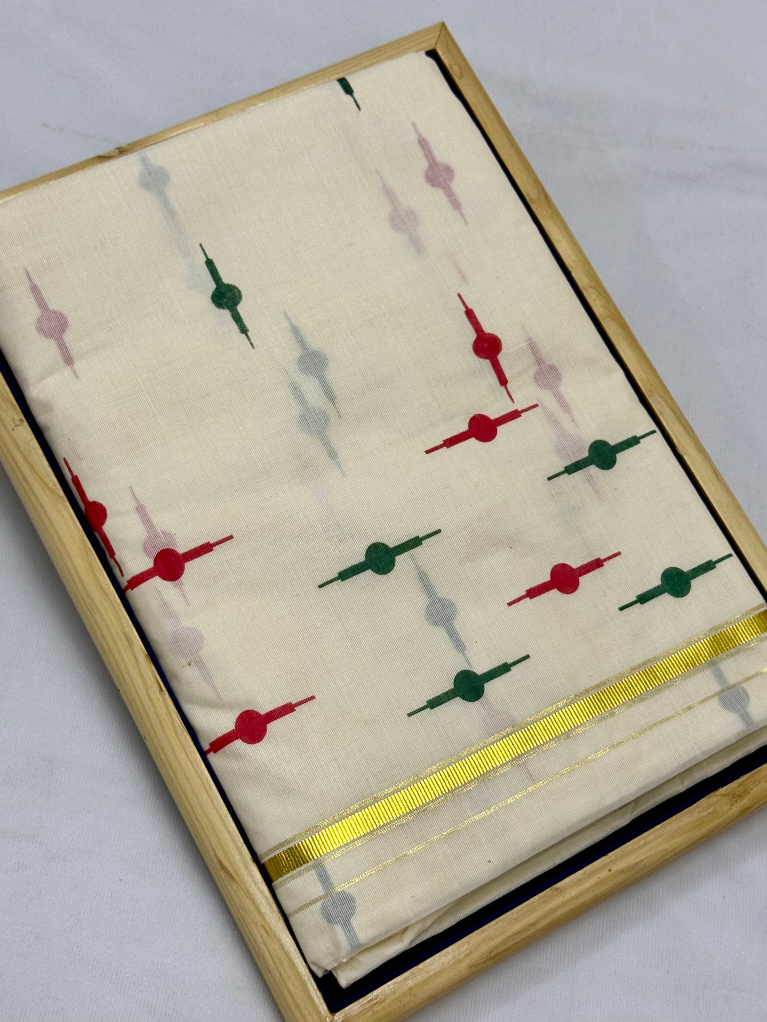 TRADITIONAL PRINTED KASAVU COTTON SAREE (OFF WHITE,GOLD)