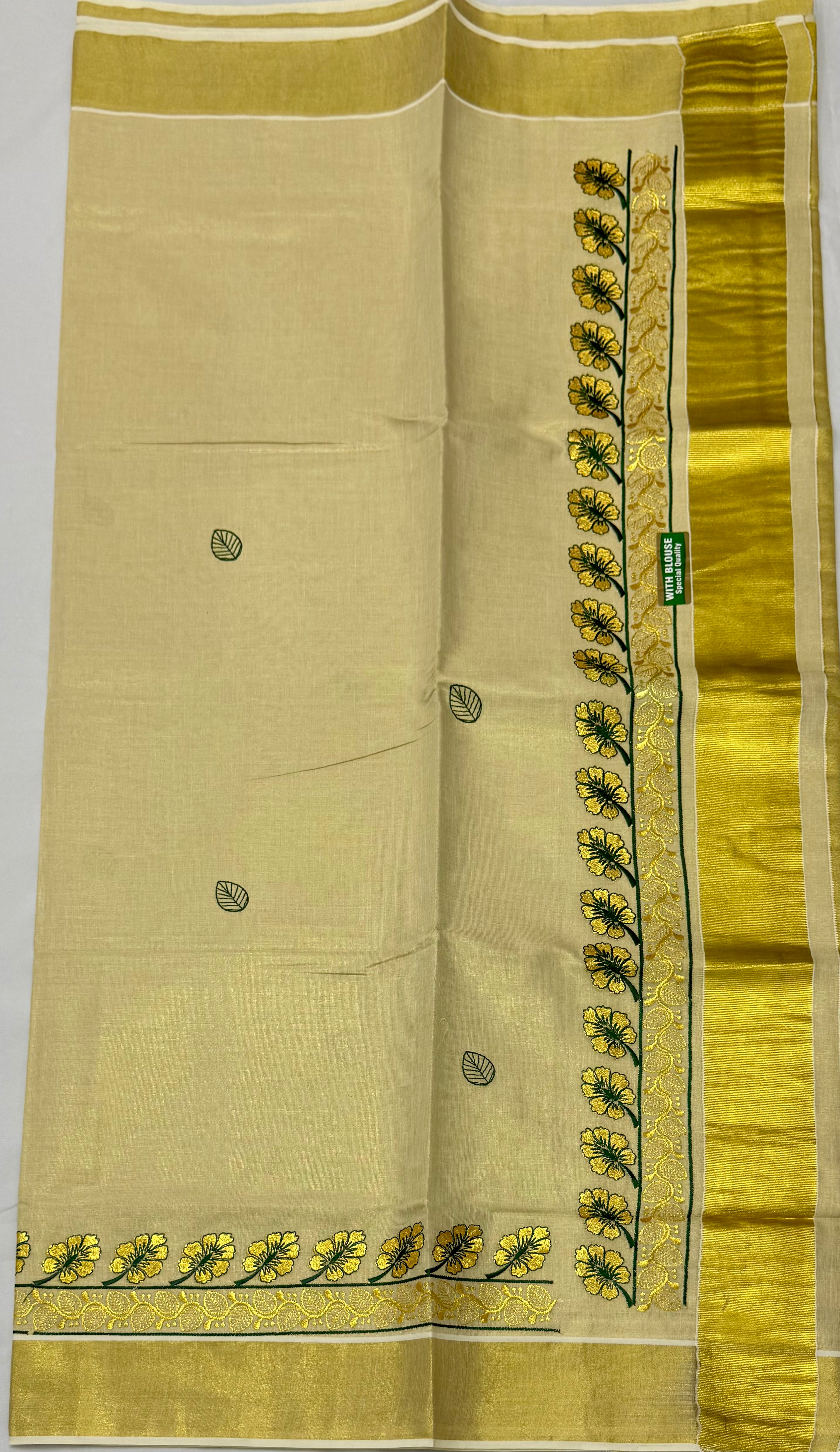 KERALA KASAVU TISSUE SILK EMBROIDERY SAREE - (GOLD,CREAM)