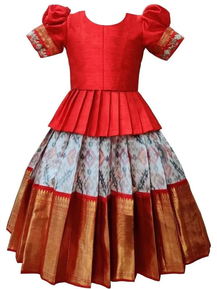 GIRLS SILK BLEND READYMADE PATTU PAVADAI/LEHENGA CHOLI - RED & OFF WHITE