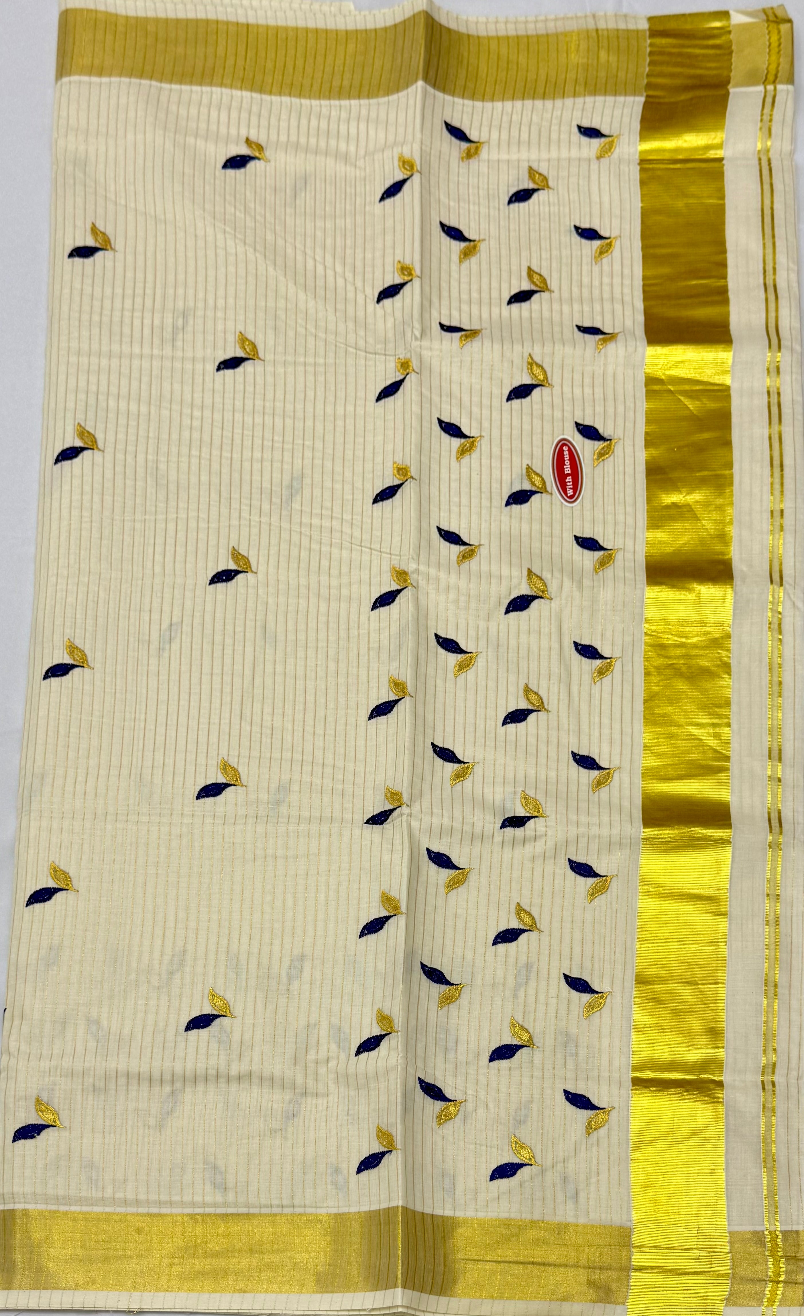 KERALA KASAVU COTTON EMBROIDERY SAREE - (OFF WHITE,GOLD)