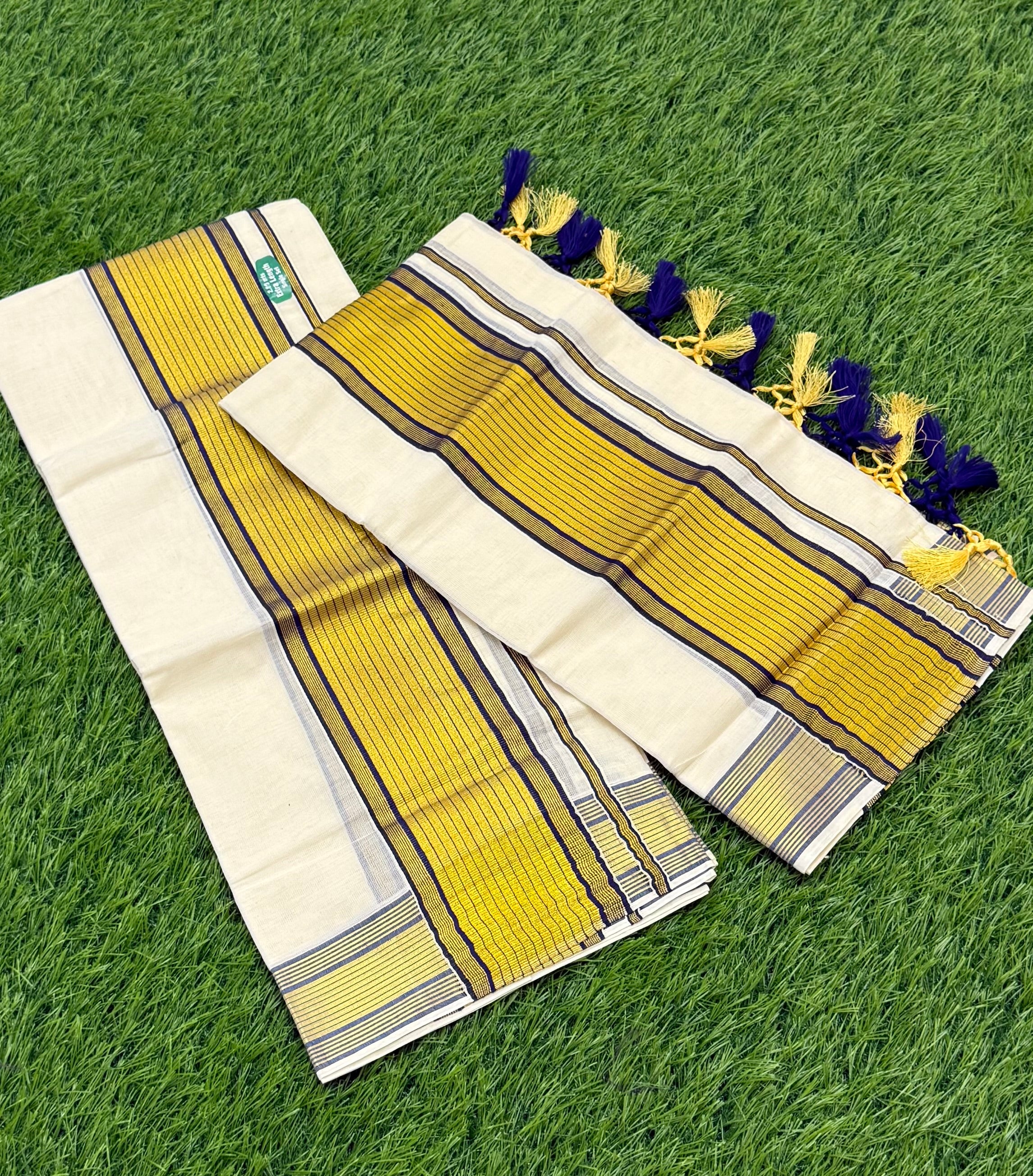 KASAVU COTTON STRIPE PATTERN SINGLE SET MUNDU (MUNDUM NERIYATHUM) - 2 X 2.80 MTRS - (OFF WHITE)