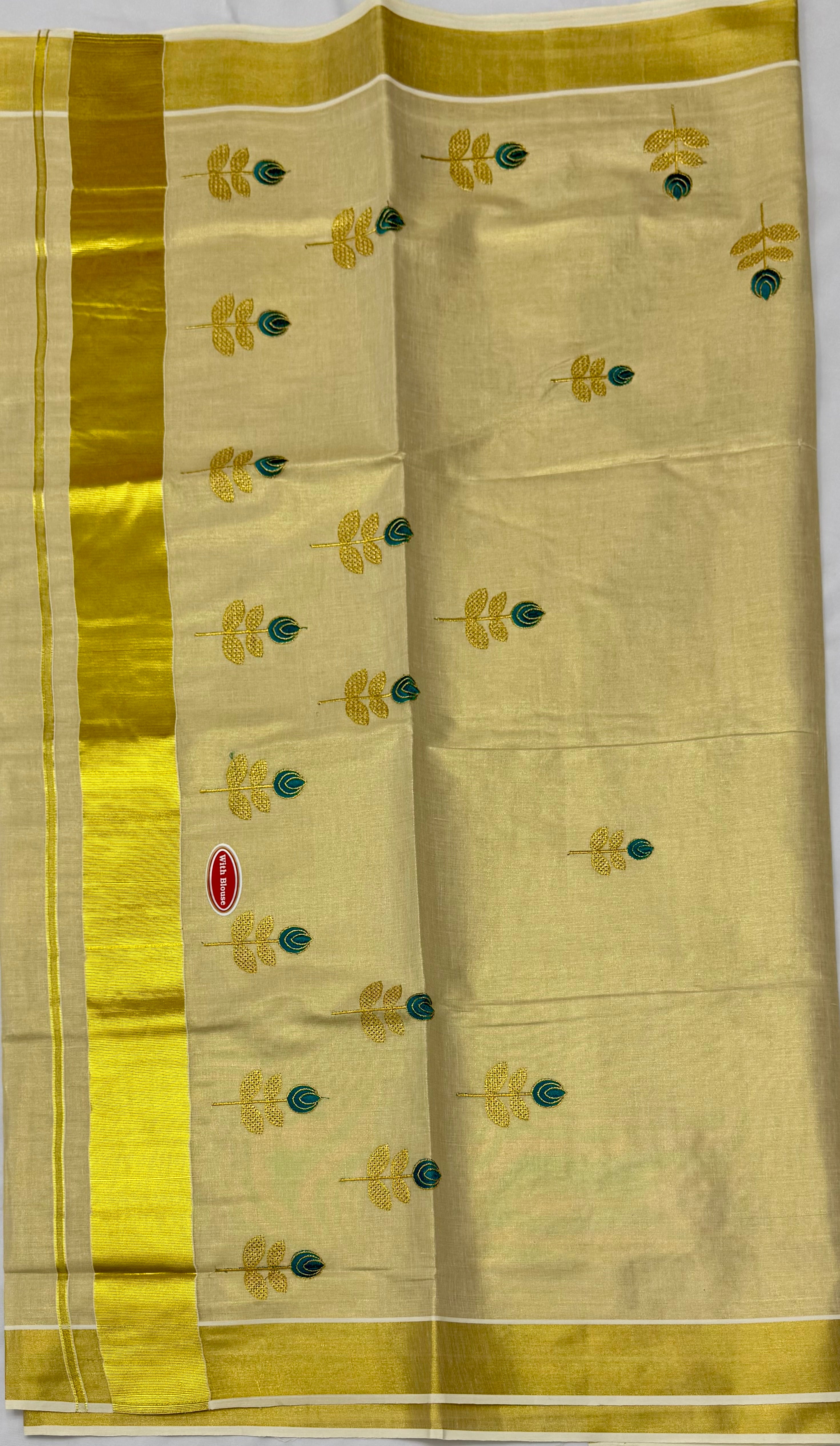 KERALA KASAVU TISSUE SILK EMBROIDERY SAREE - (GOLD,CREAM)