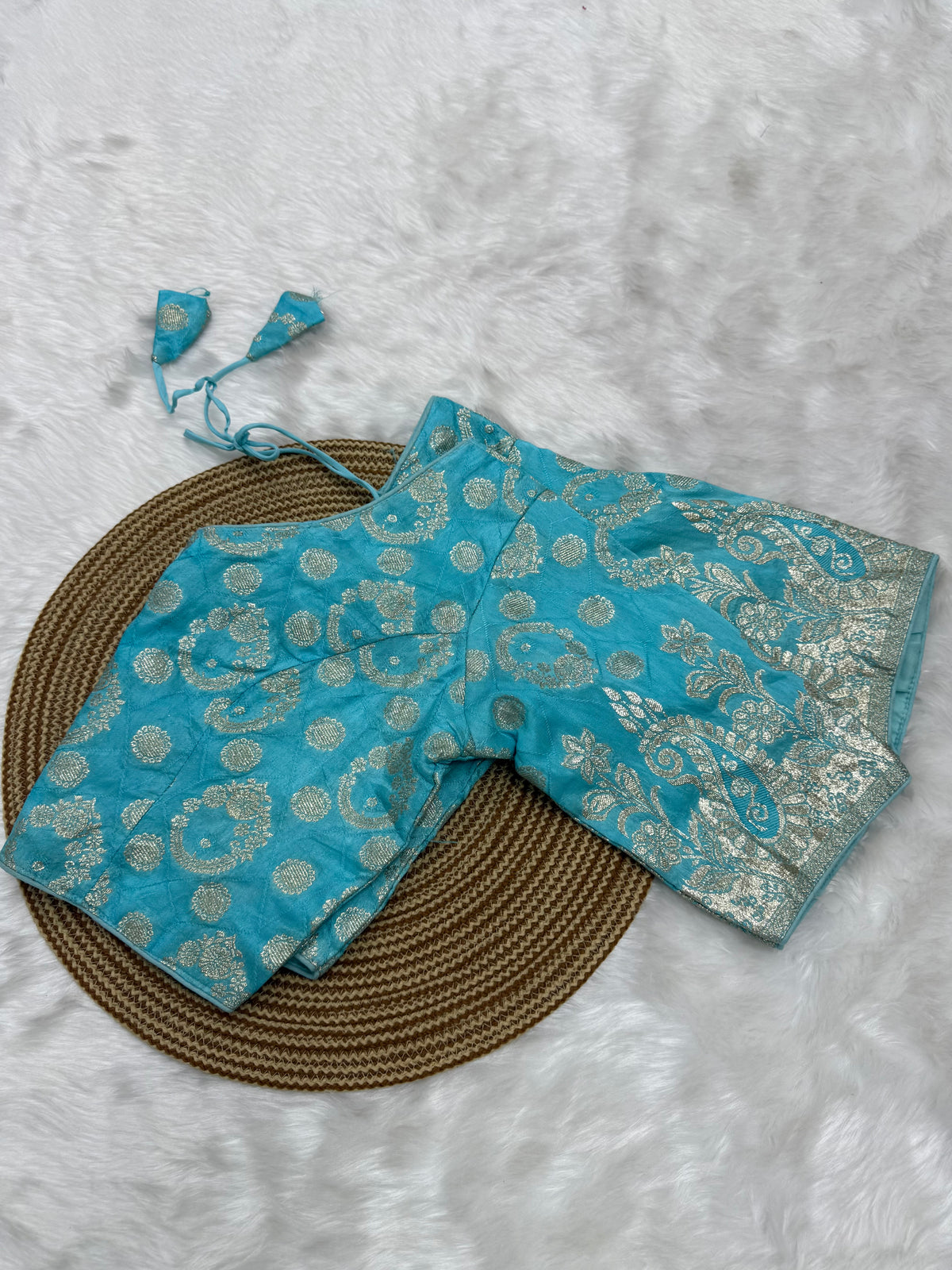 DESIGNER BROCADE WORK READYMADE BLOUSE - TURQUOISE