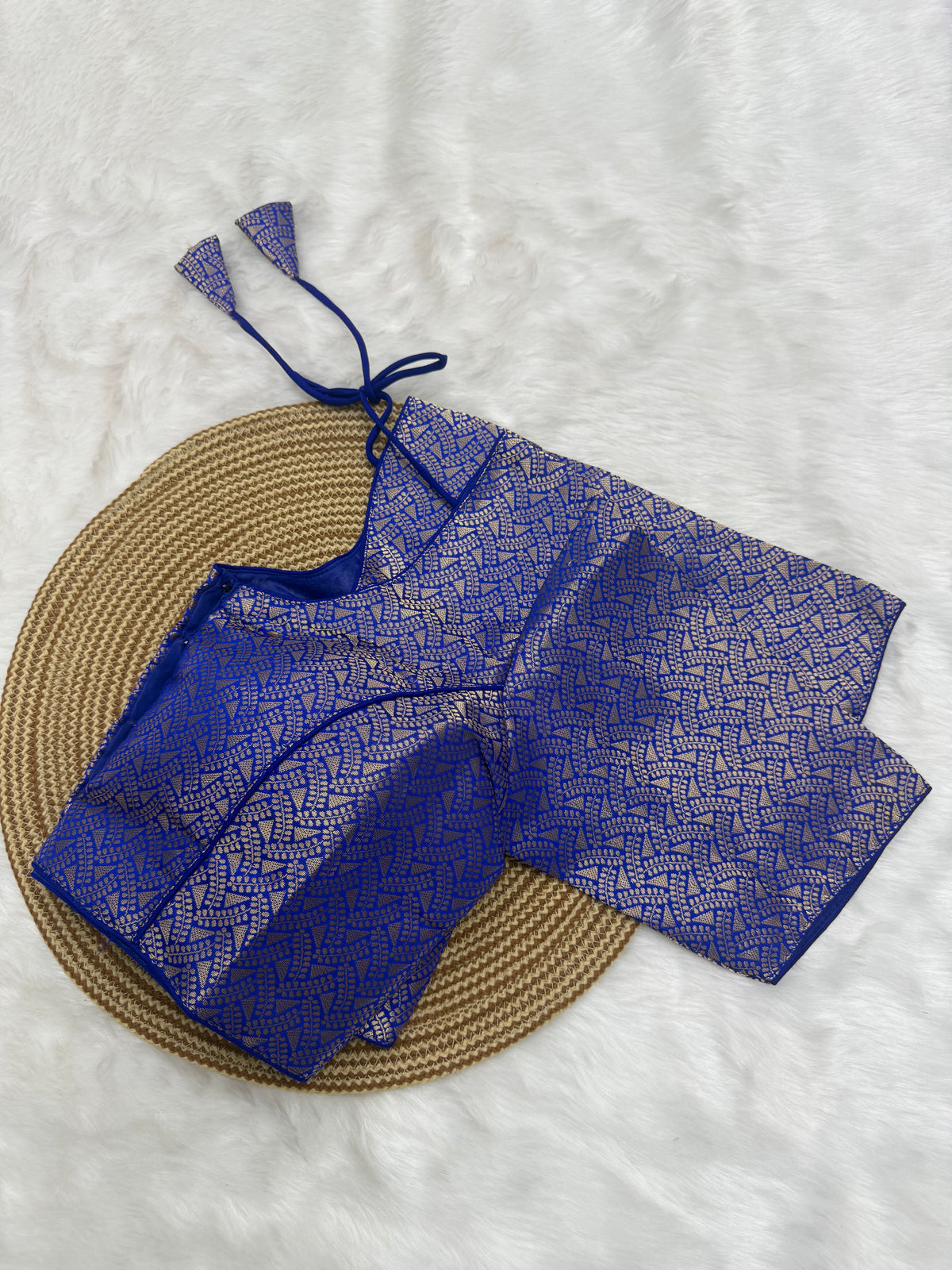 DESIGNER JACQUARD READY TO WEAR SAREE BLOUSE - ROYAL BLUIE
