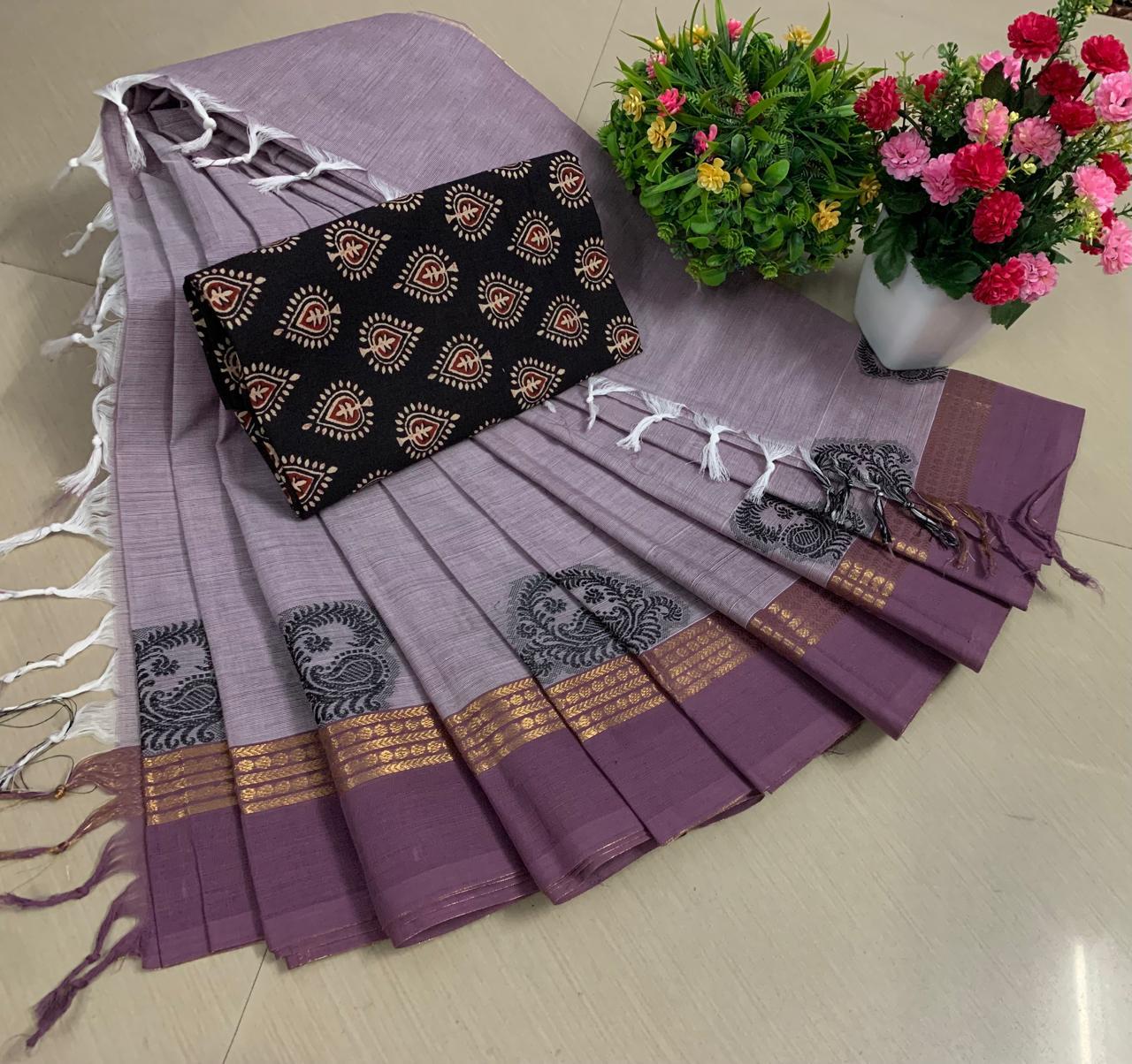PURE KANCHI HANDLOOM COTTON SAREES - DUSTY LAVEDNER