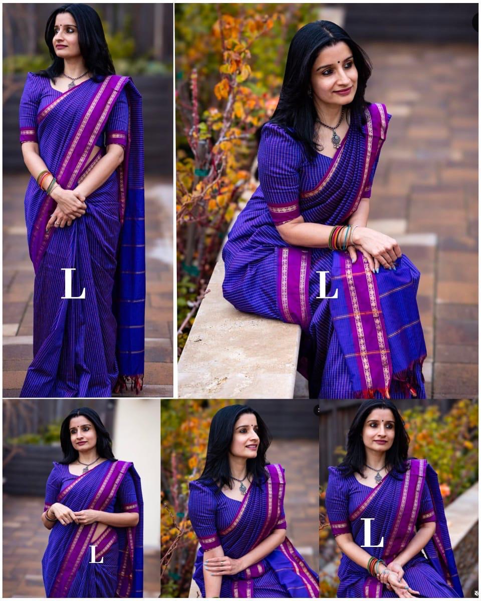 PREMIUM CHECKED COTTON SAREE - ROYAL BLUE