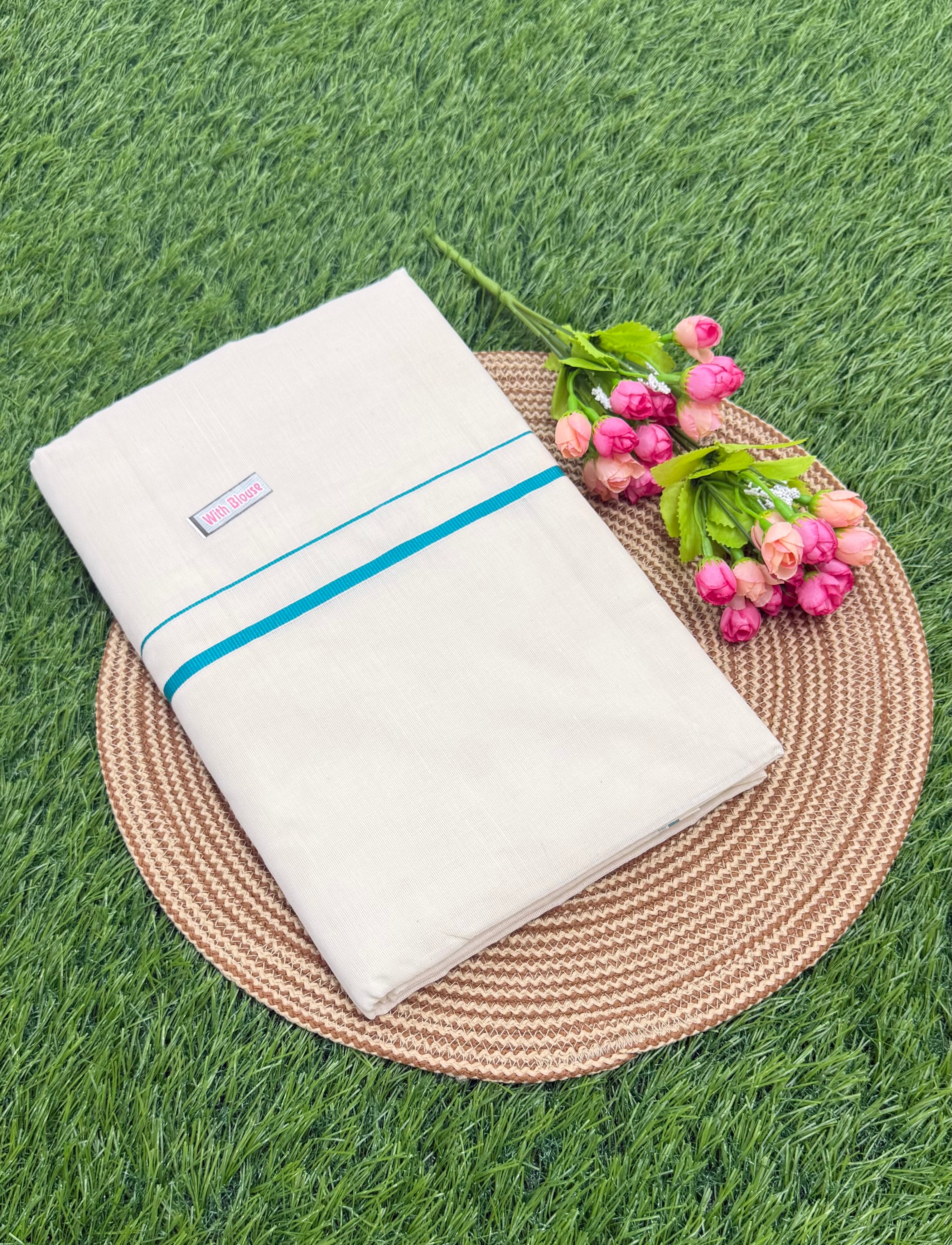 KERALA KASAVU SOLID/PLAIN PURE COTTON SAREE - SKYBLUE