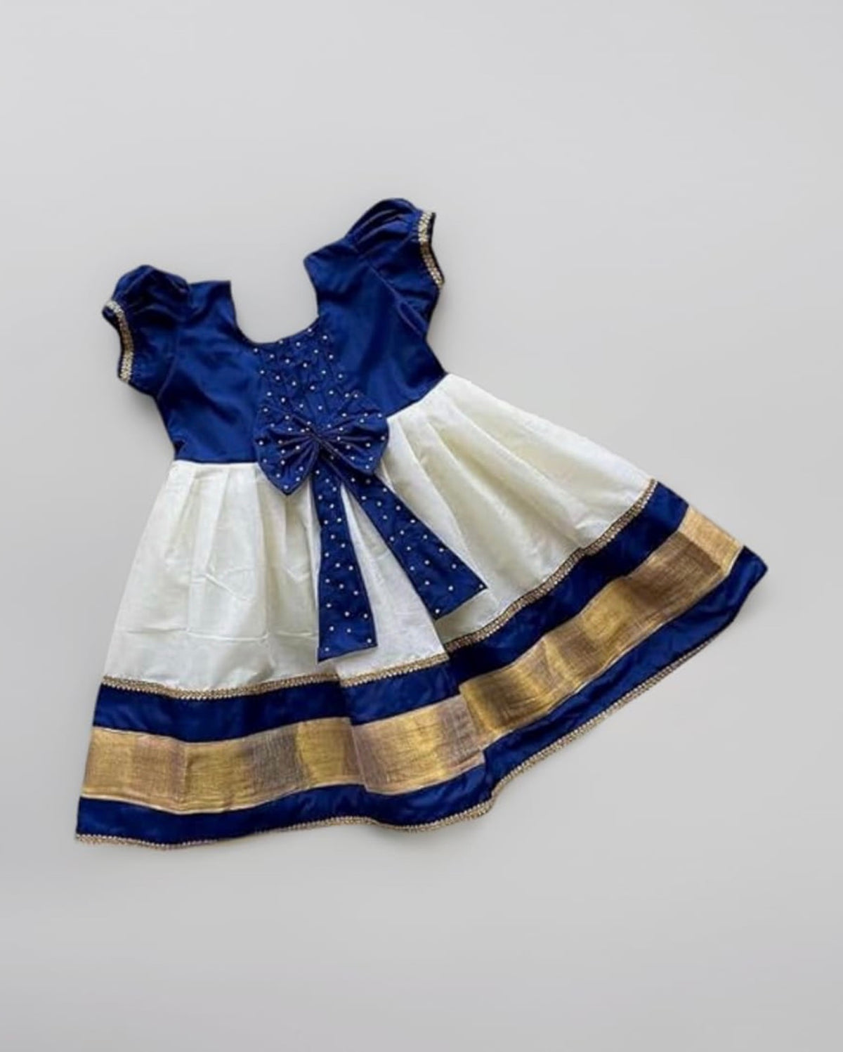 BABY GIRLS A-LINE MIDI PATTU PAVADAI DRESS IN BLUE & OFFWHITE