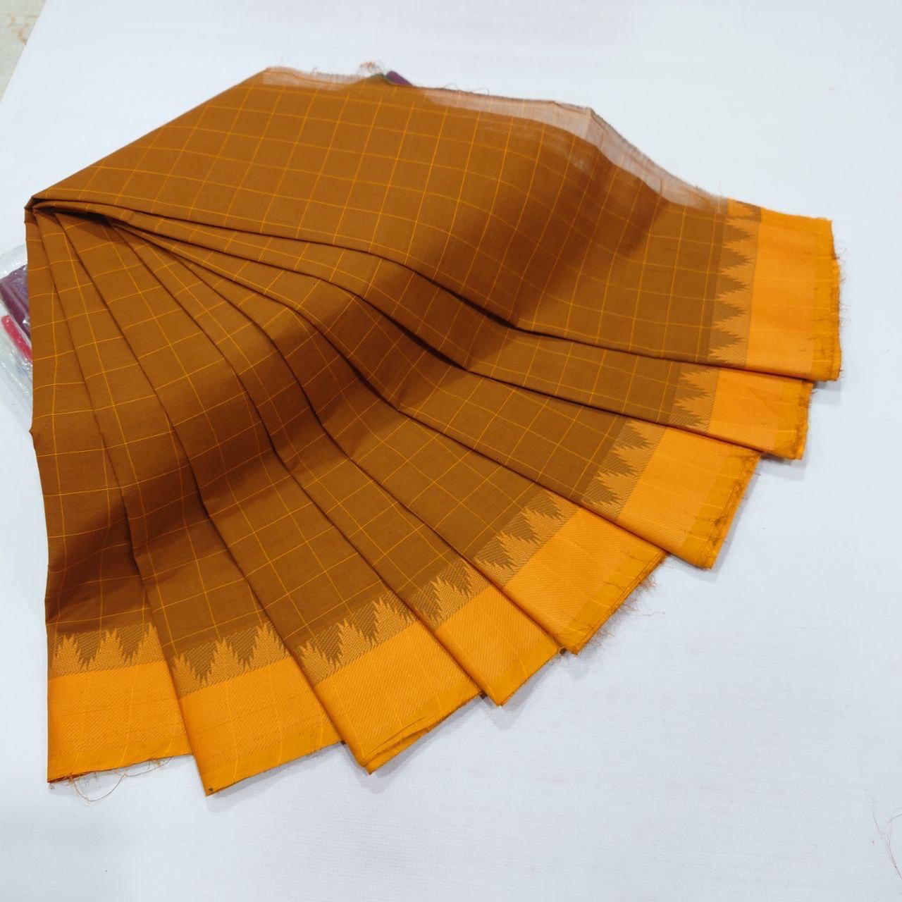CHETTINAD COTTON CHECKED SAREE - OCHRE YELLOW