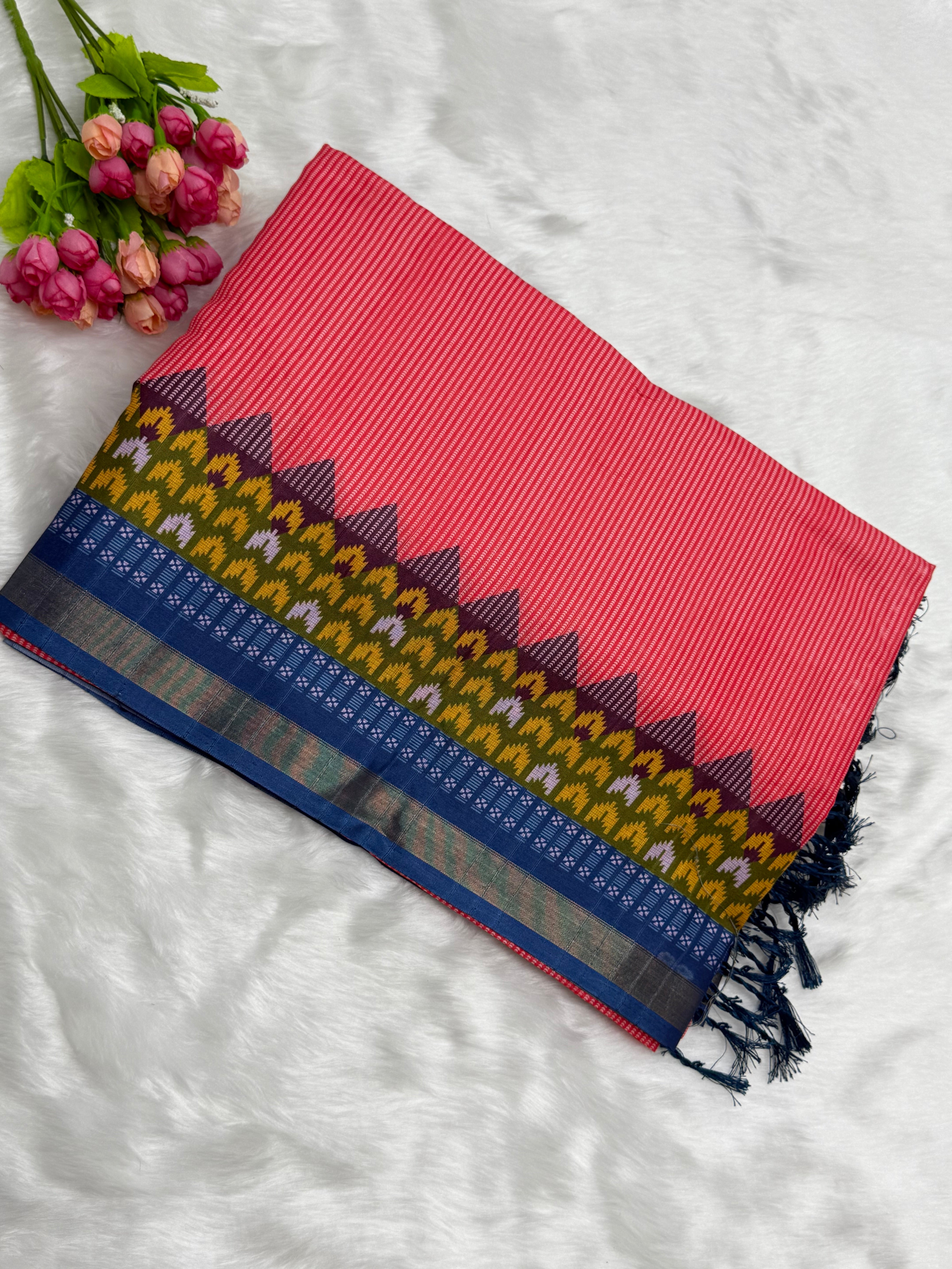 TRADITIONAL DOLLA SAREE WITH CONTRAST IKAT BORDER - BRICK PINK