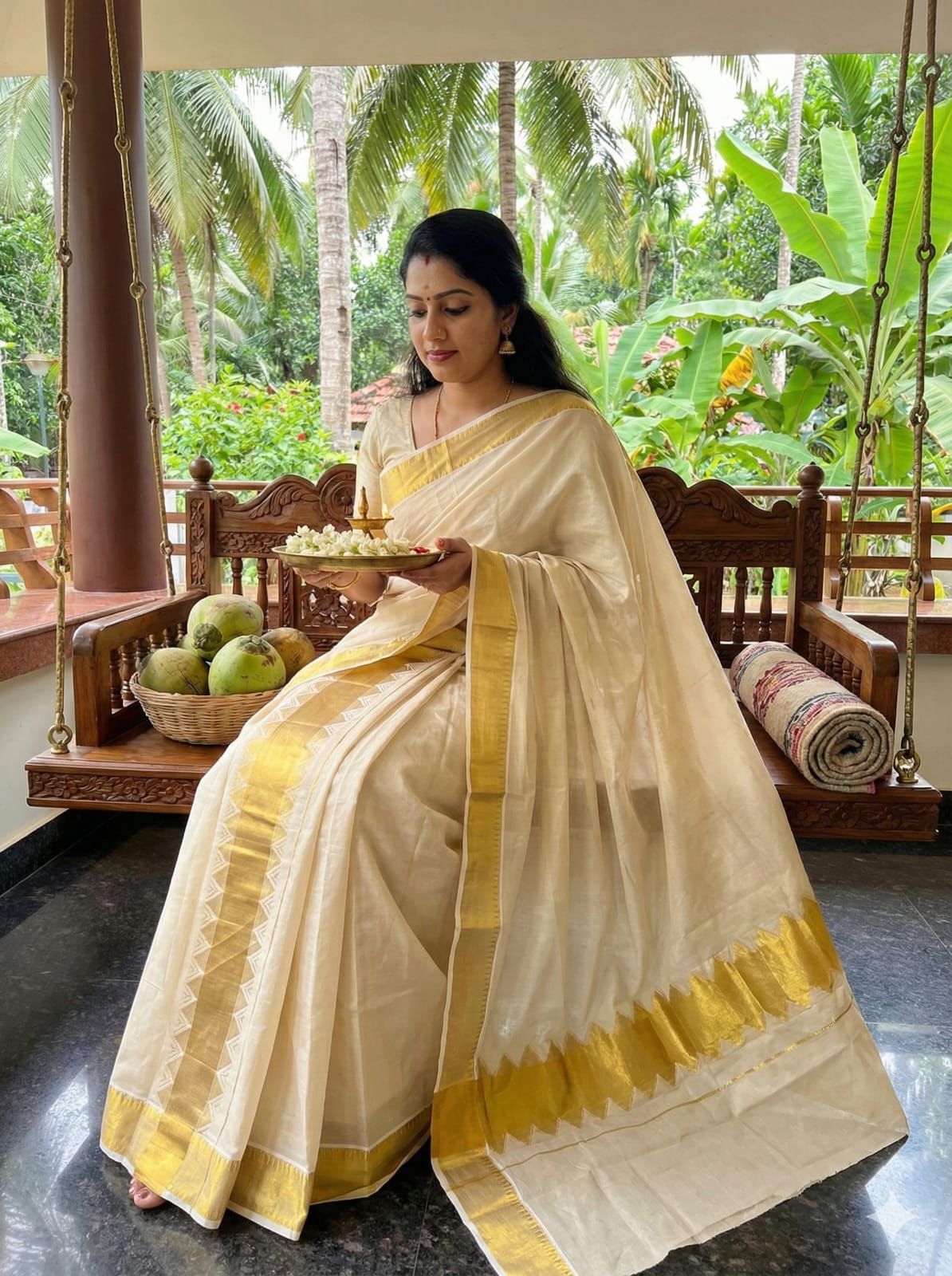 PREMIUM TISSUE TEMPLE KERALA SET MUNDU - GOLD