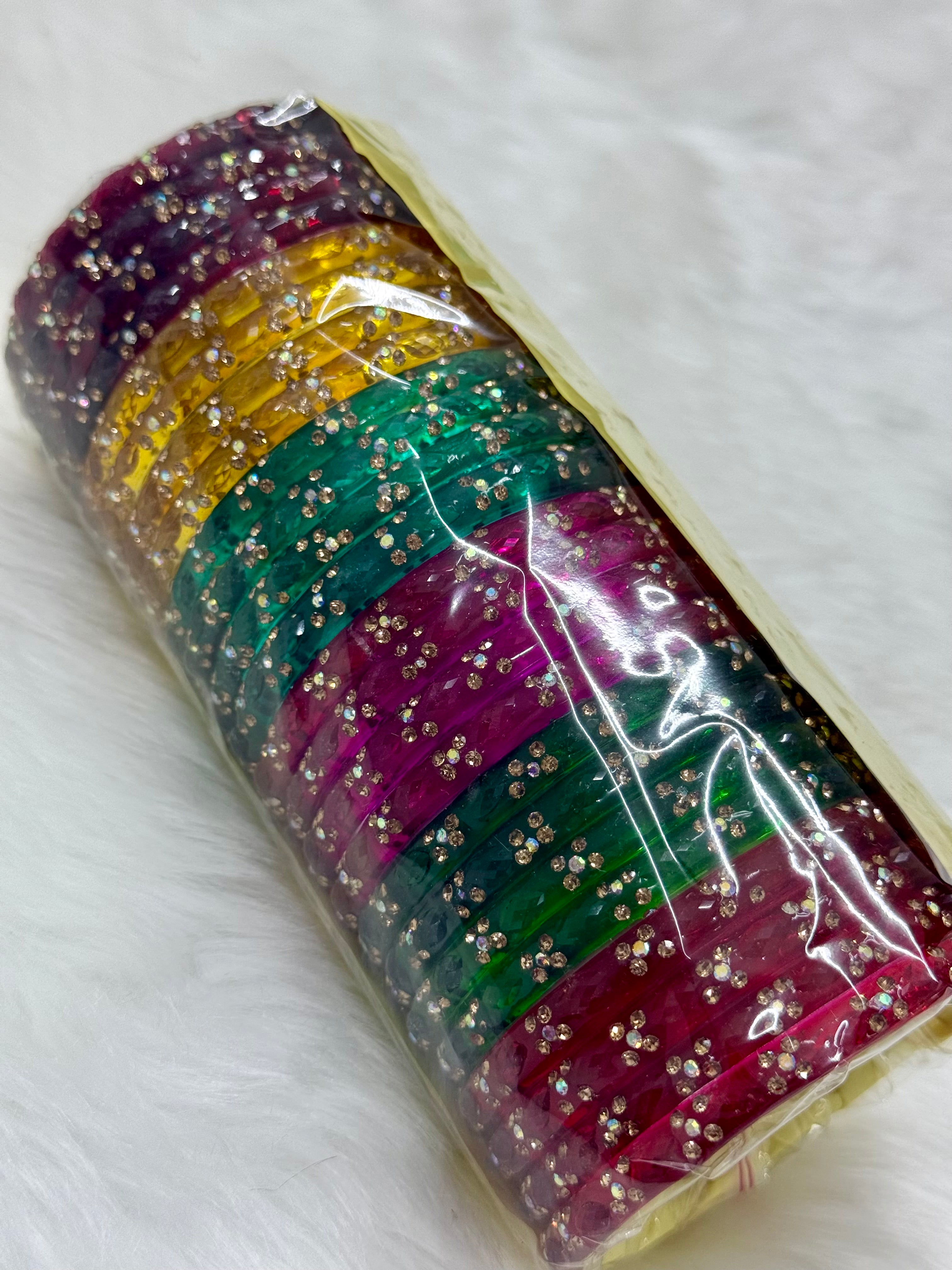FANCY STONE WORK GLASS BANGLS - 6 COLOURS (BOX OF 24 PCS)