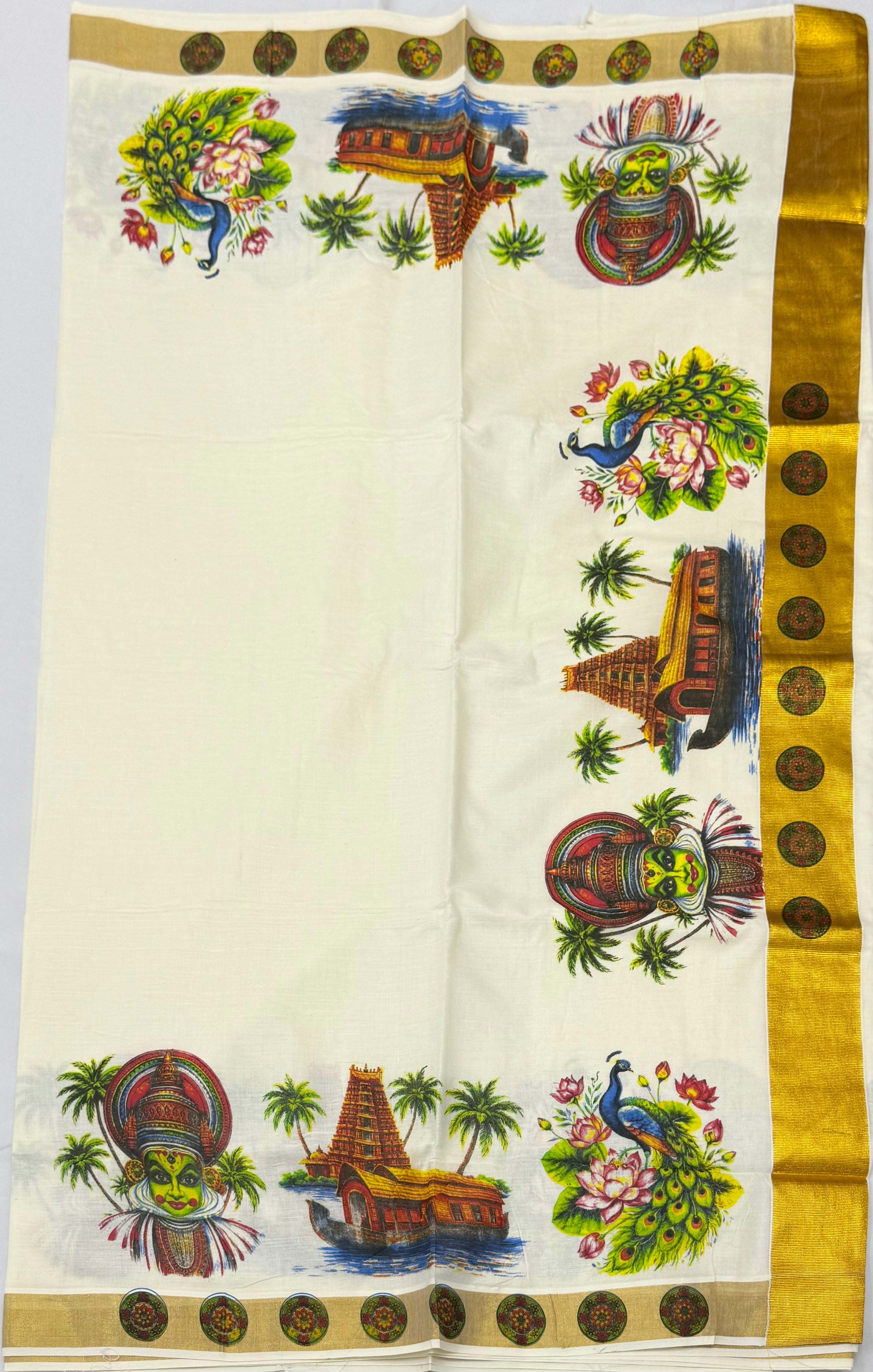 TRADITIONAL PRINTED KASAVU COTTON SAREE (OFF WHITE,GOLD)
