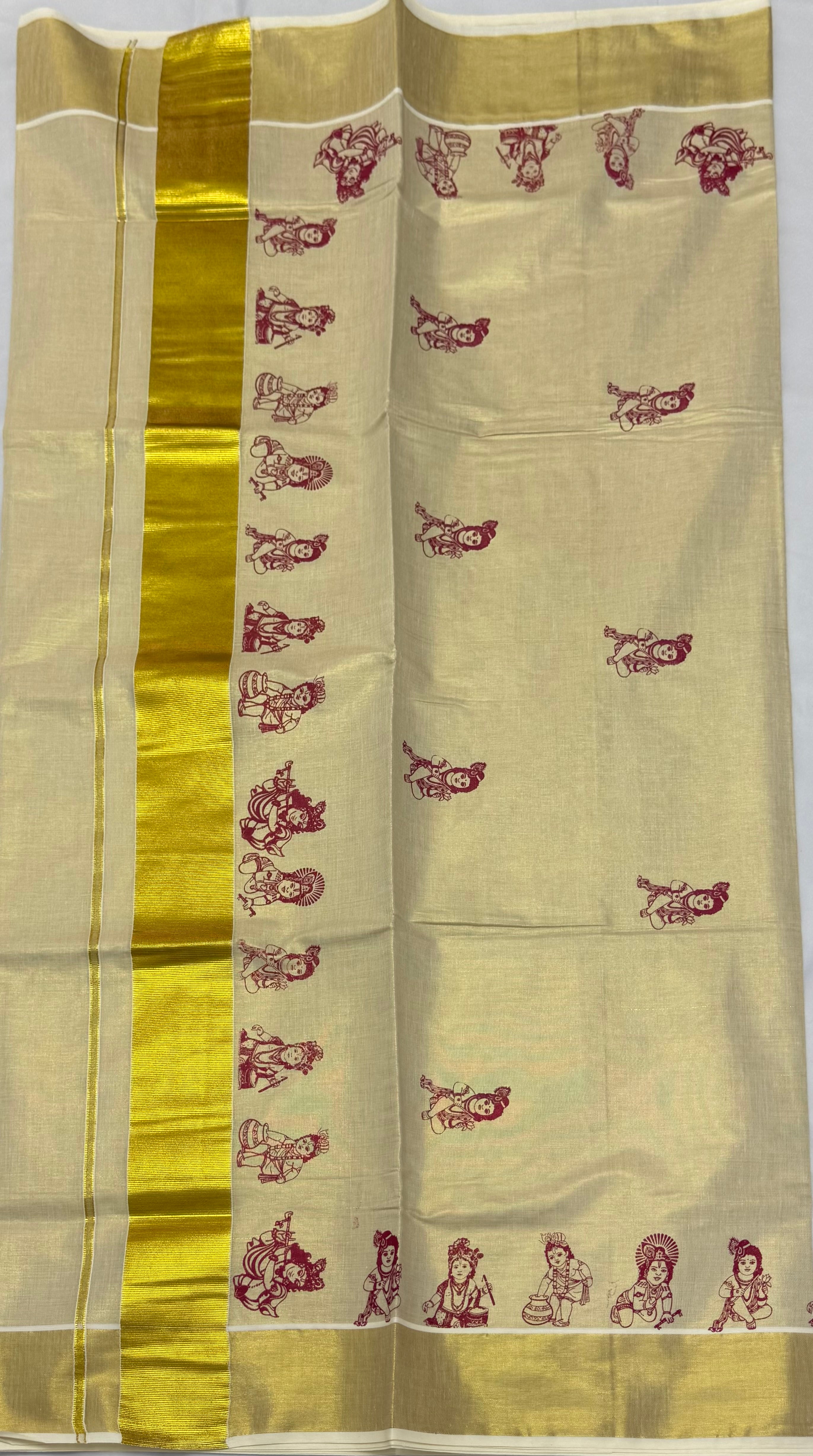 MURAL ART KASAVU TISSUE KERALA SAREE (GOLD,CREAM)