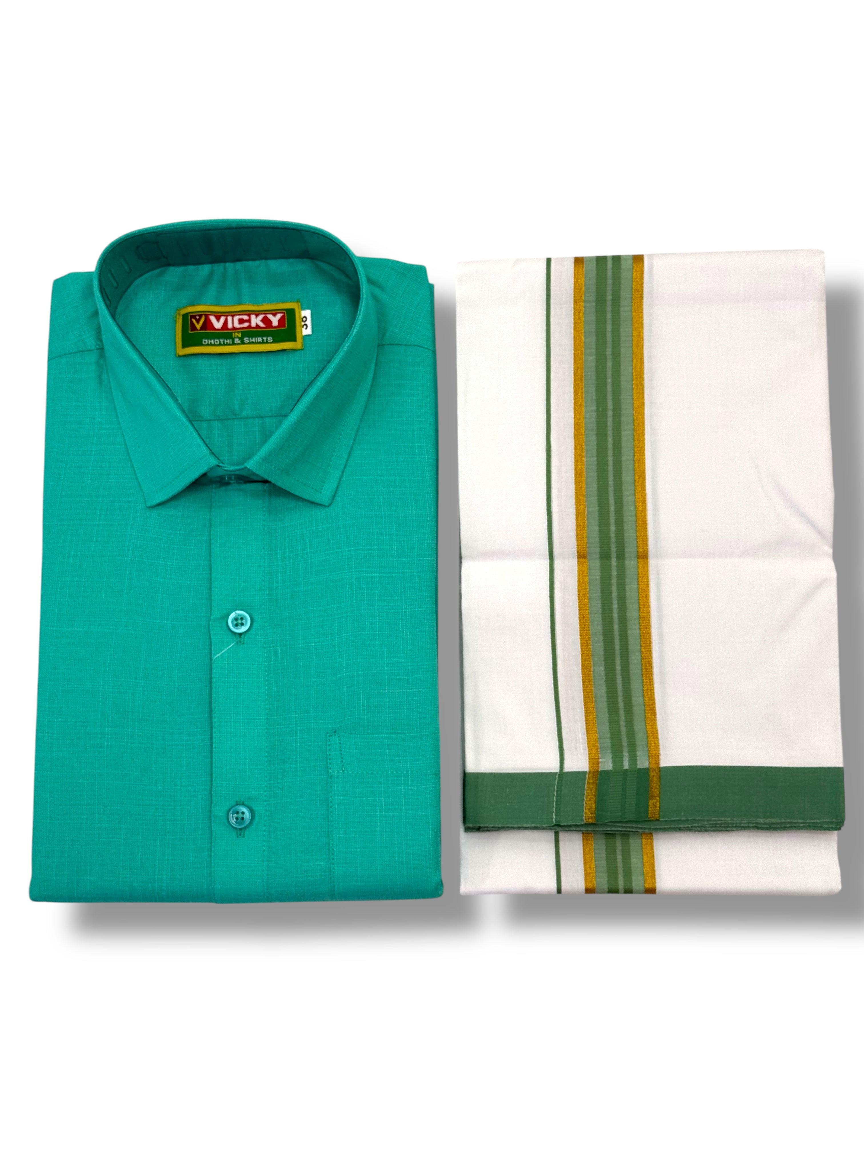 MEN'S MATCHING FANCY BORDER SINGLE DHOTI & SHIRT SET - TEAL