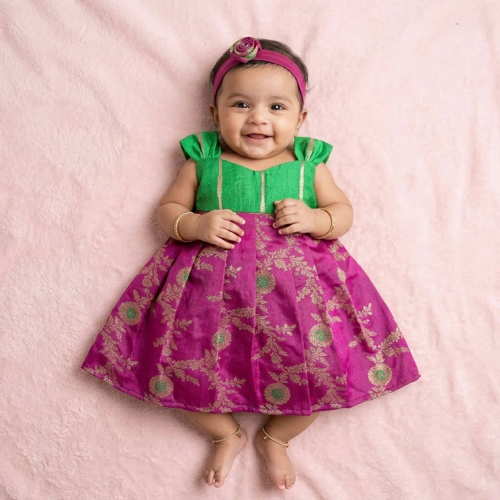 GREEN PINK NEW BORN FROCK
