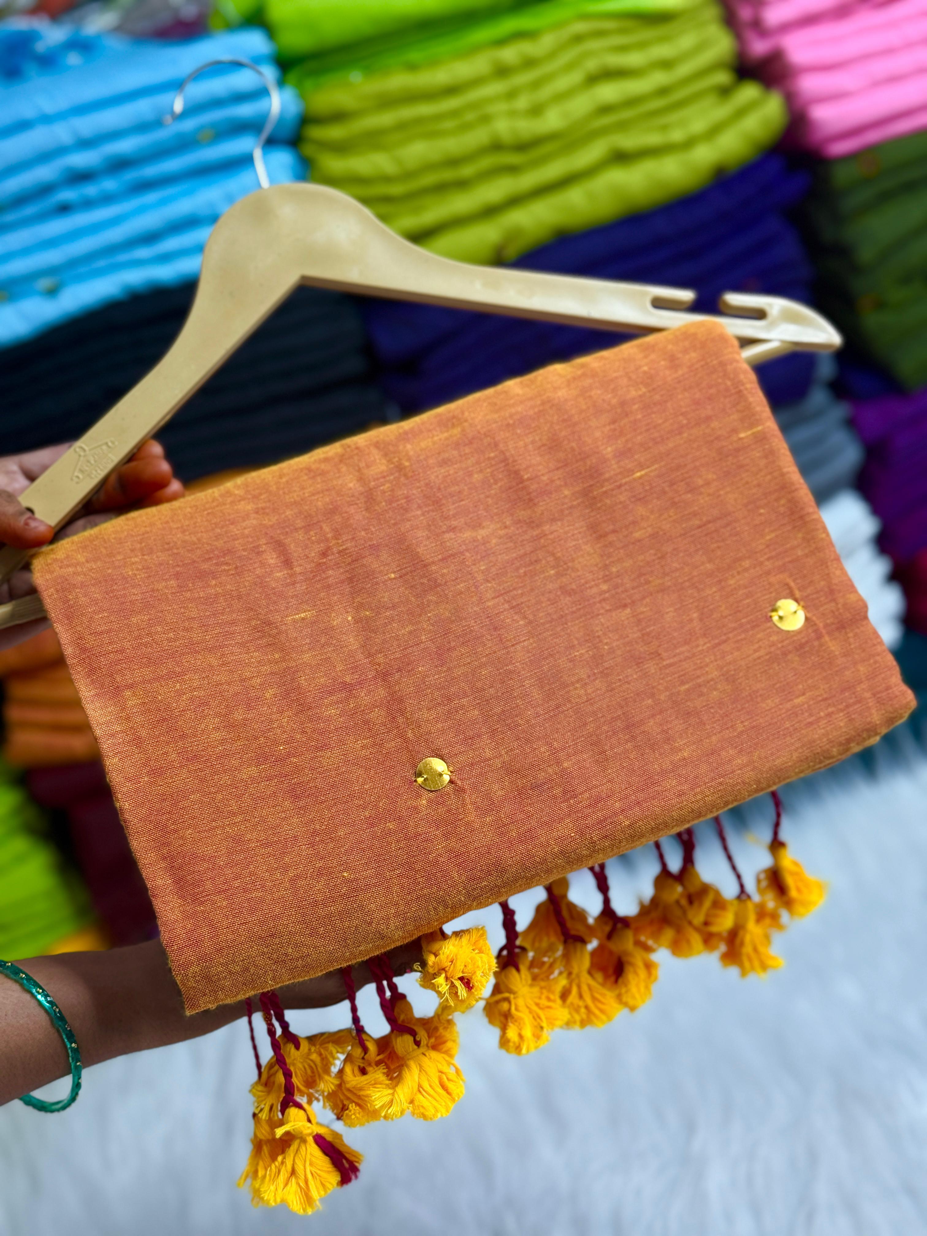 PURE KHADI MIRROR WORK COTTON SAREES - YELLOW GOLD
