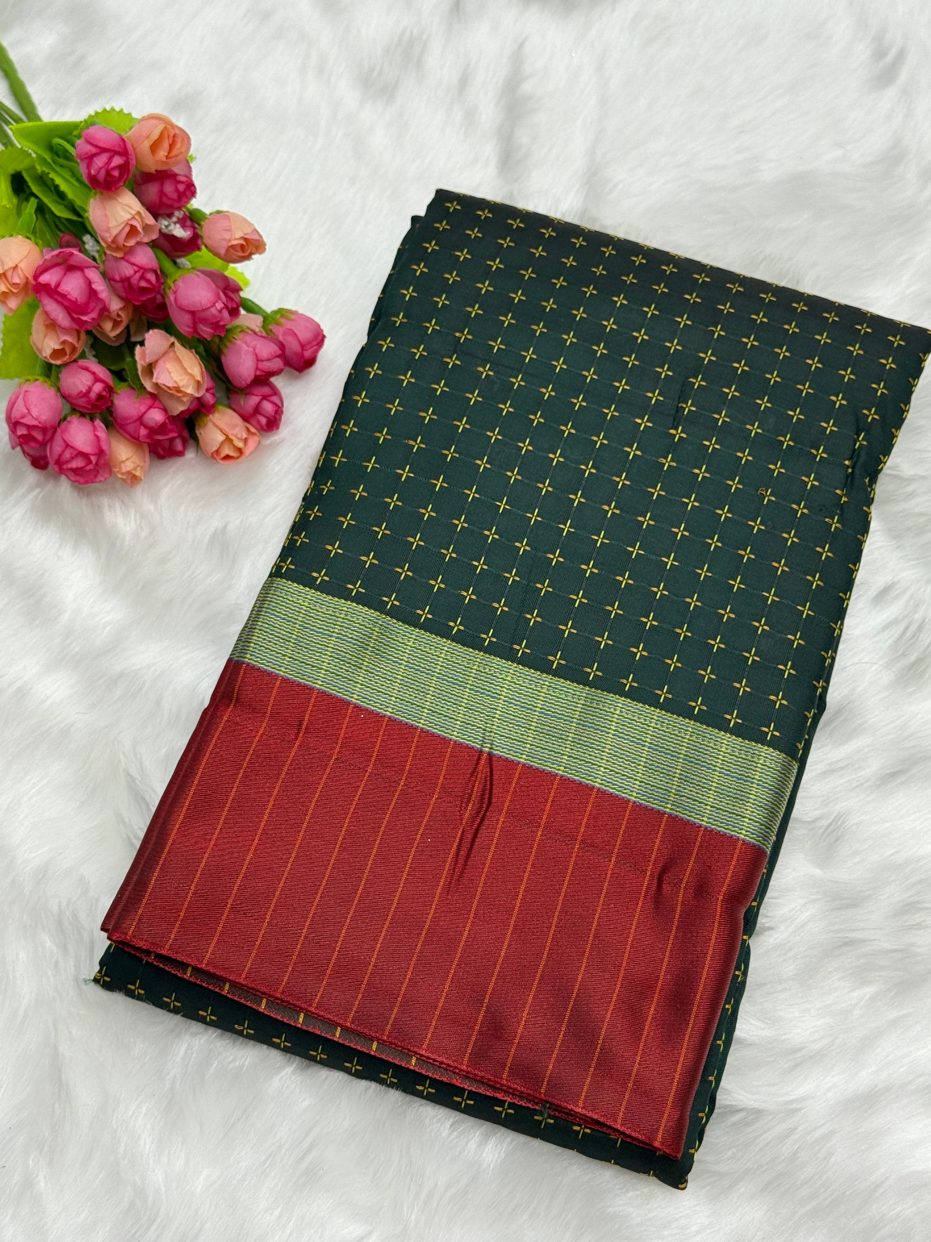 FANCY THREAD DOTED SOFT SILK SAREES - DARK GREEN