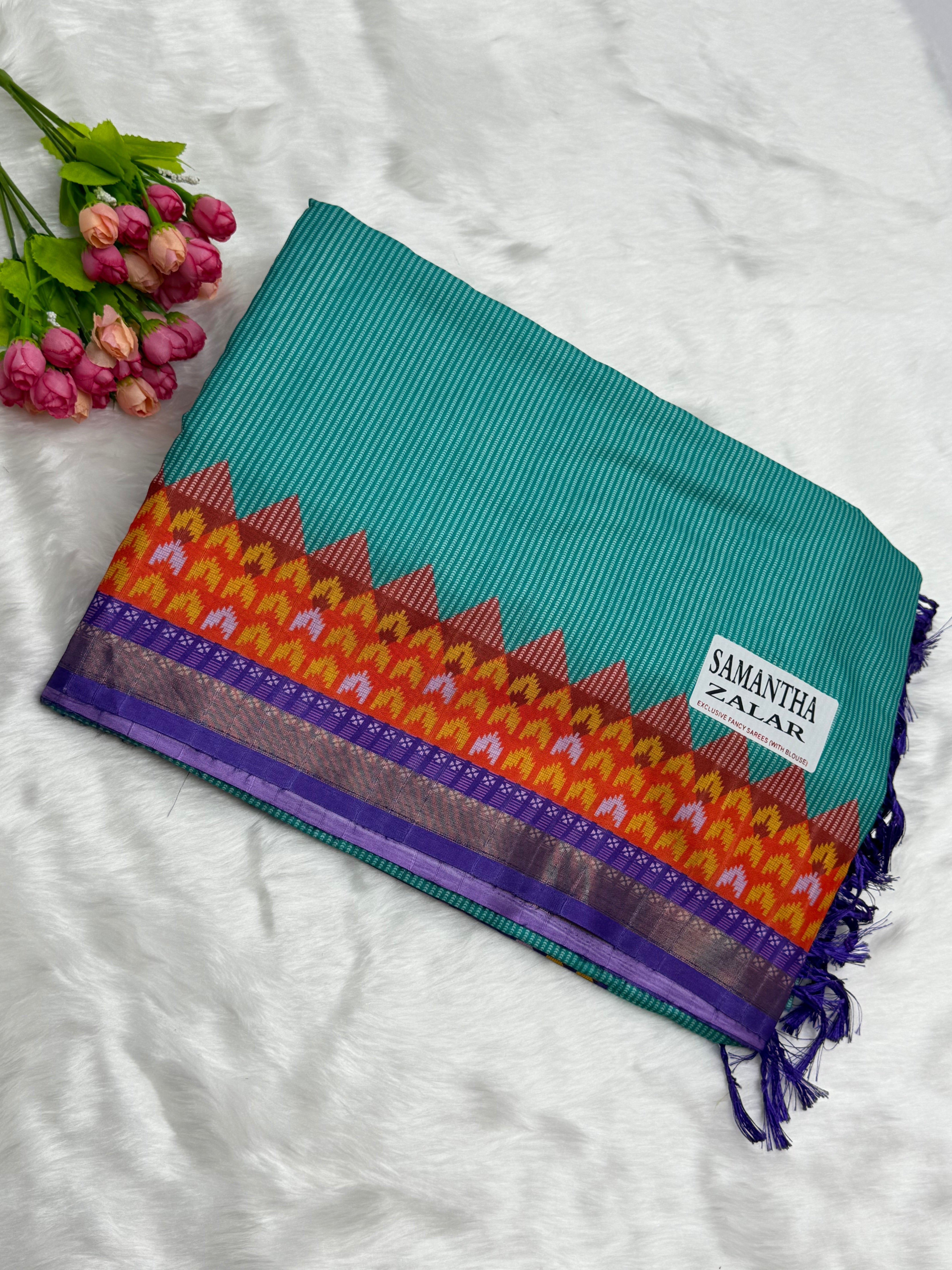 TRADITIONAL DOLLA SAREE WITH CONTRAST IKAT BORDER - TEAL