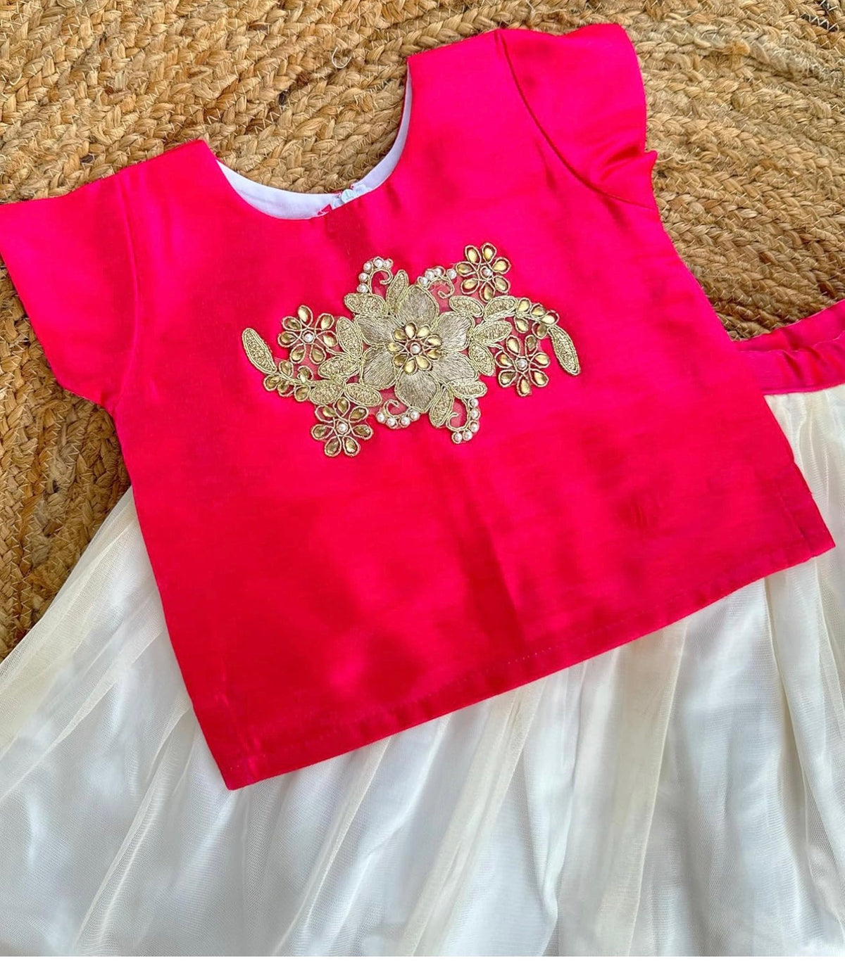 GIRLS COTTON SILK READYMADE LEHENGA CHOLI SET - RANI PINK & CREAM