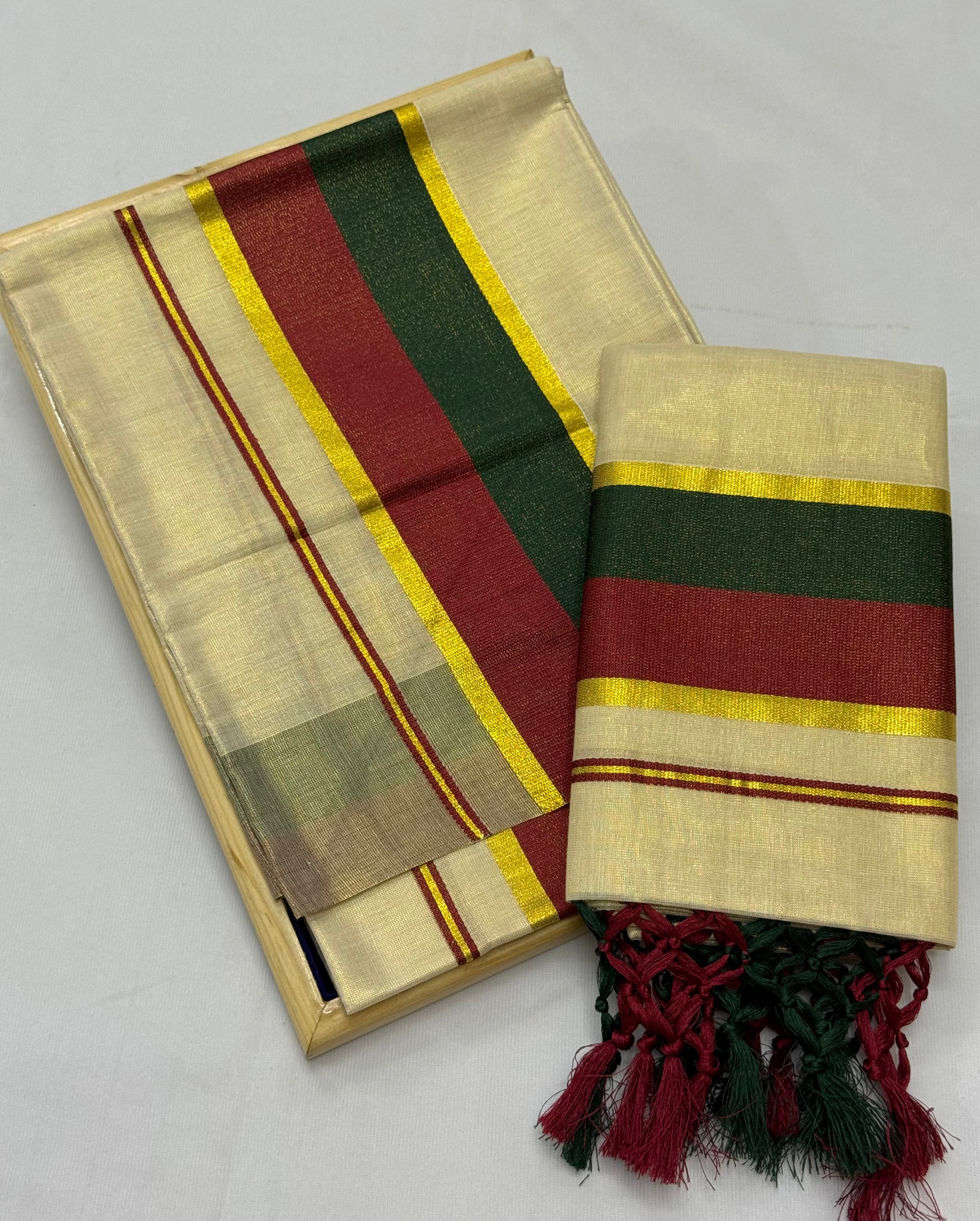 TISSUE SINGLE SET MUNDU (MUNDUM NERIYATHUM) WITH KARA BORDER - 2 X 2.80 MTRS - (CREAM,MULTI)