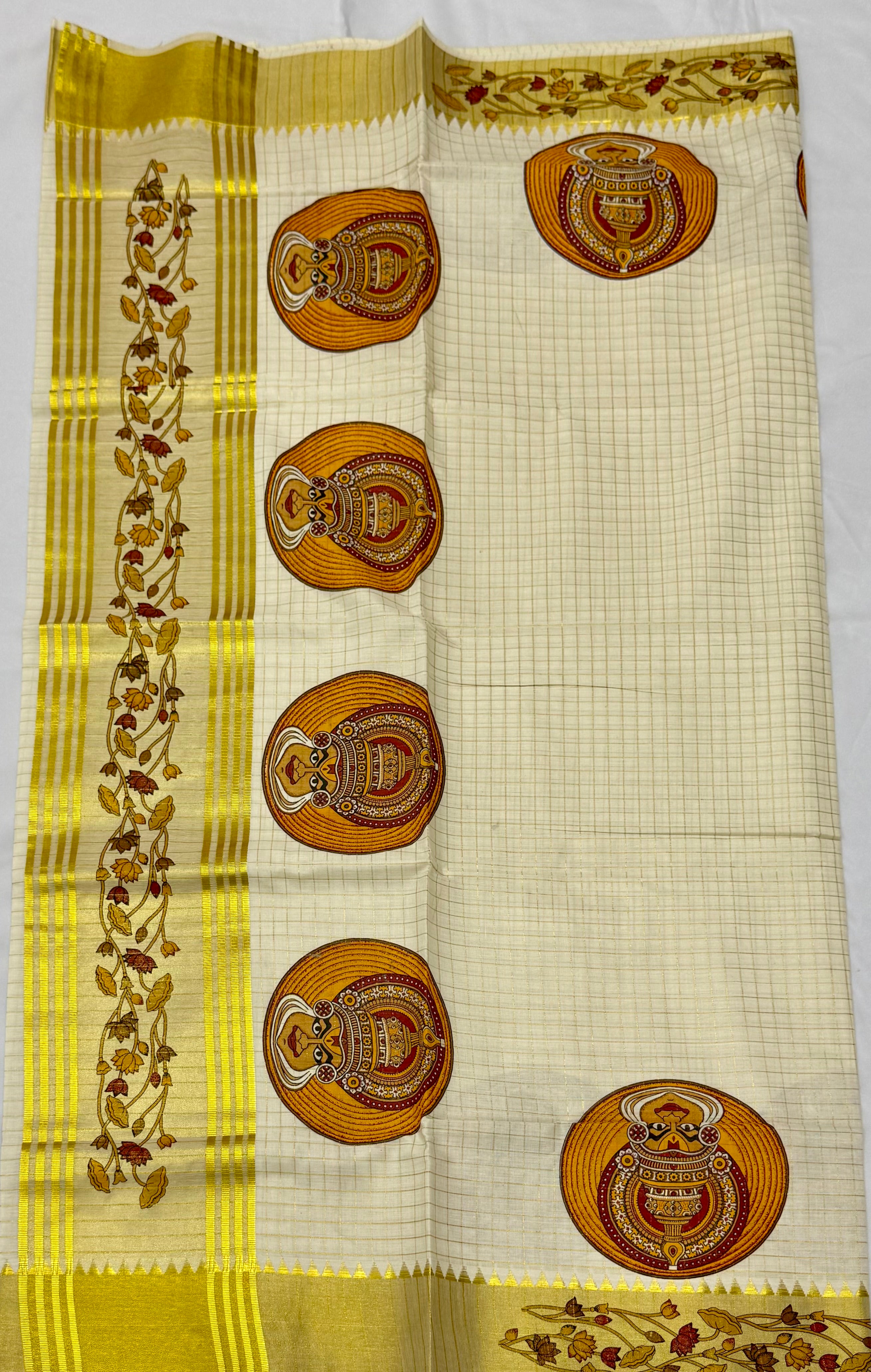 TRADITIONAL KATHAKALI PRINTED KASAVU TISSUE(OFFWHITE,GOLD)