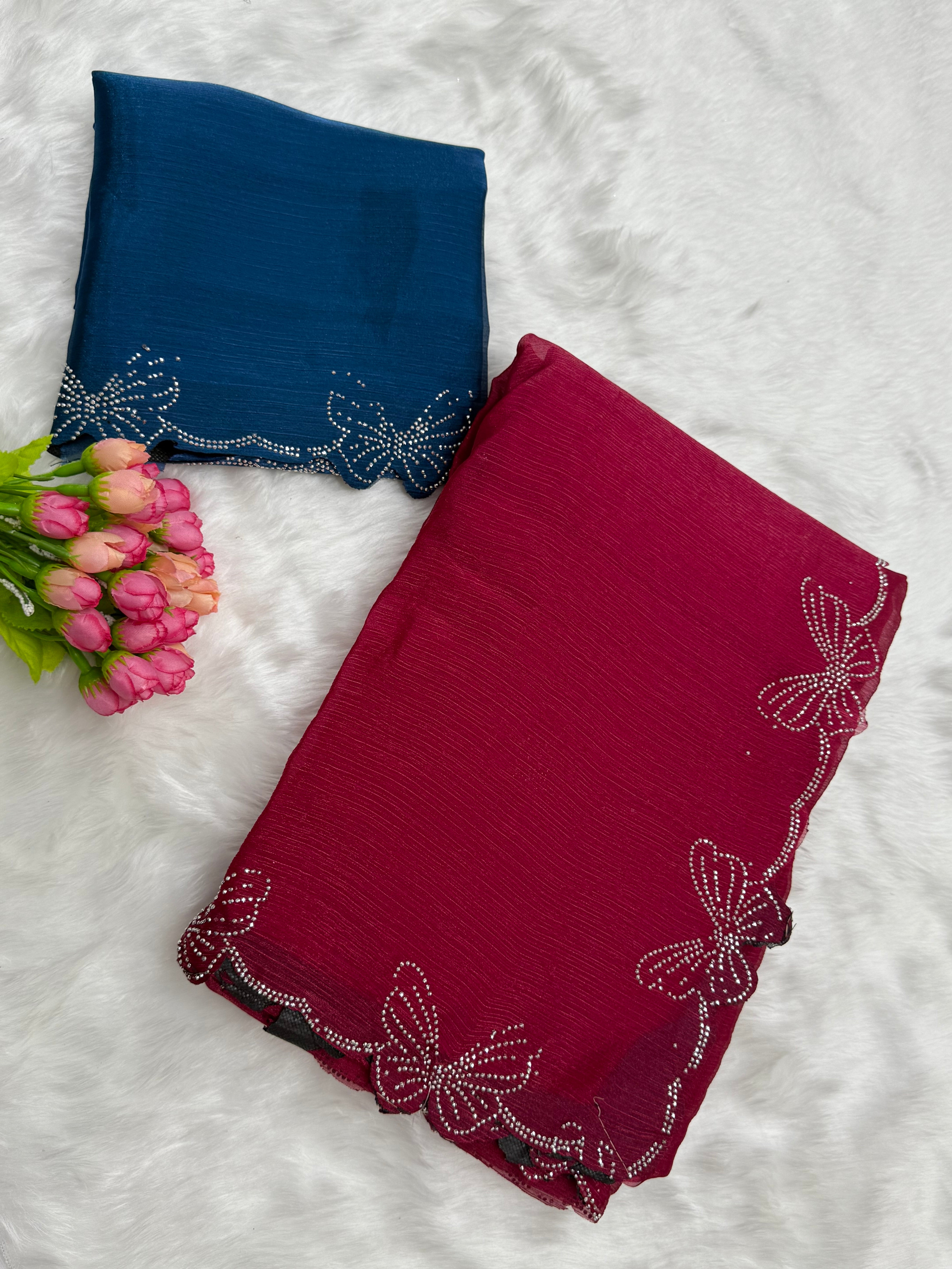 SPACE SILK BUTTERFLY DIAMOND WORK DESIGNER SAREE - MAGENTA