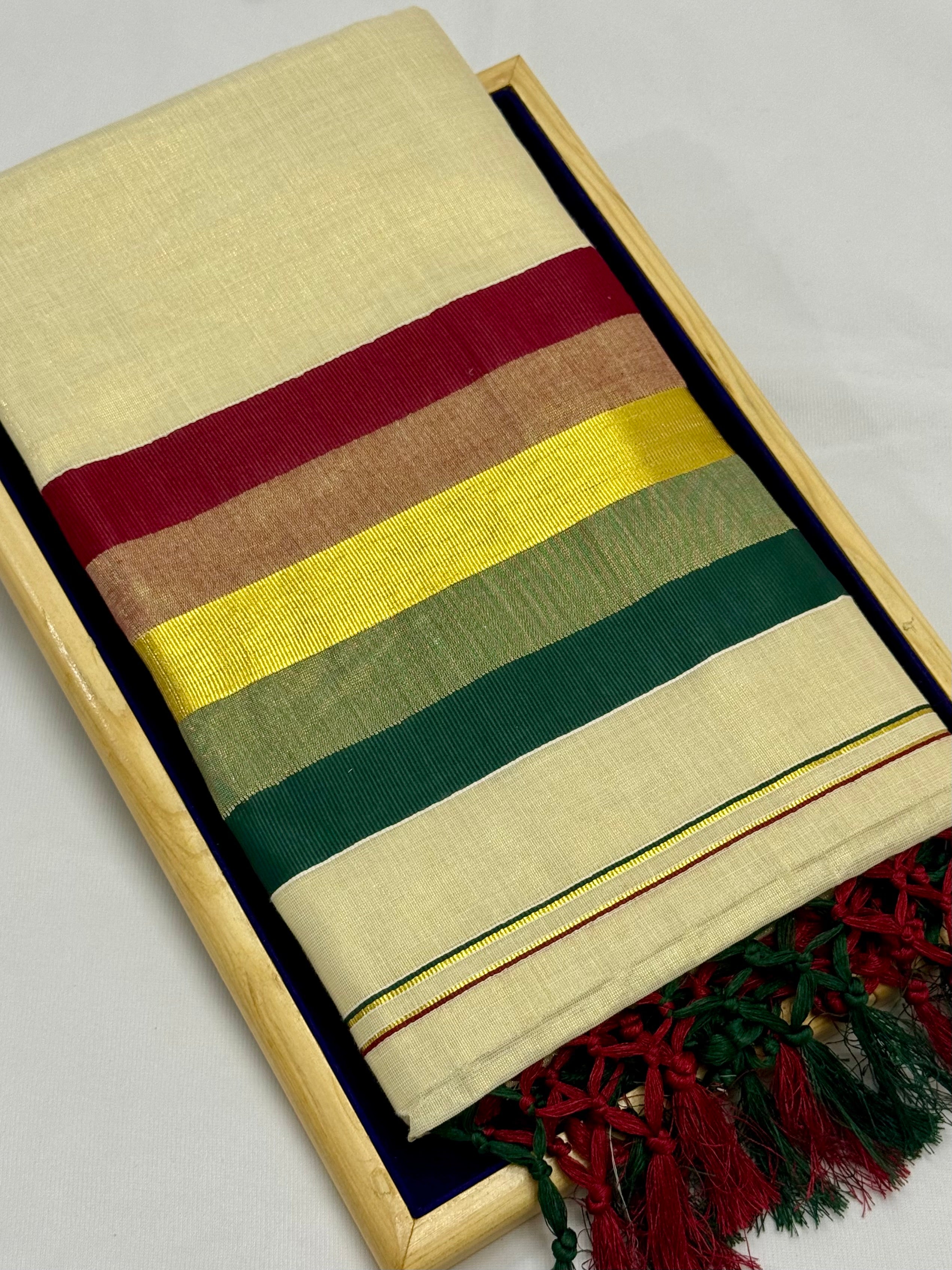MULTI COLOUR STRIPES GOLDEN KASAVU TISSUE SAREE - (CREAM,GOLD)