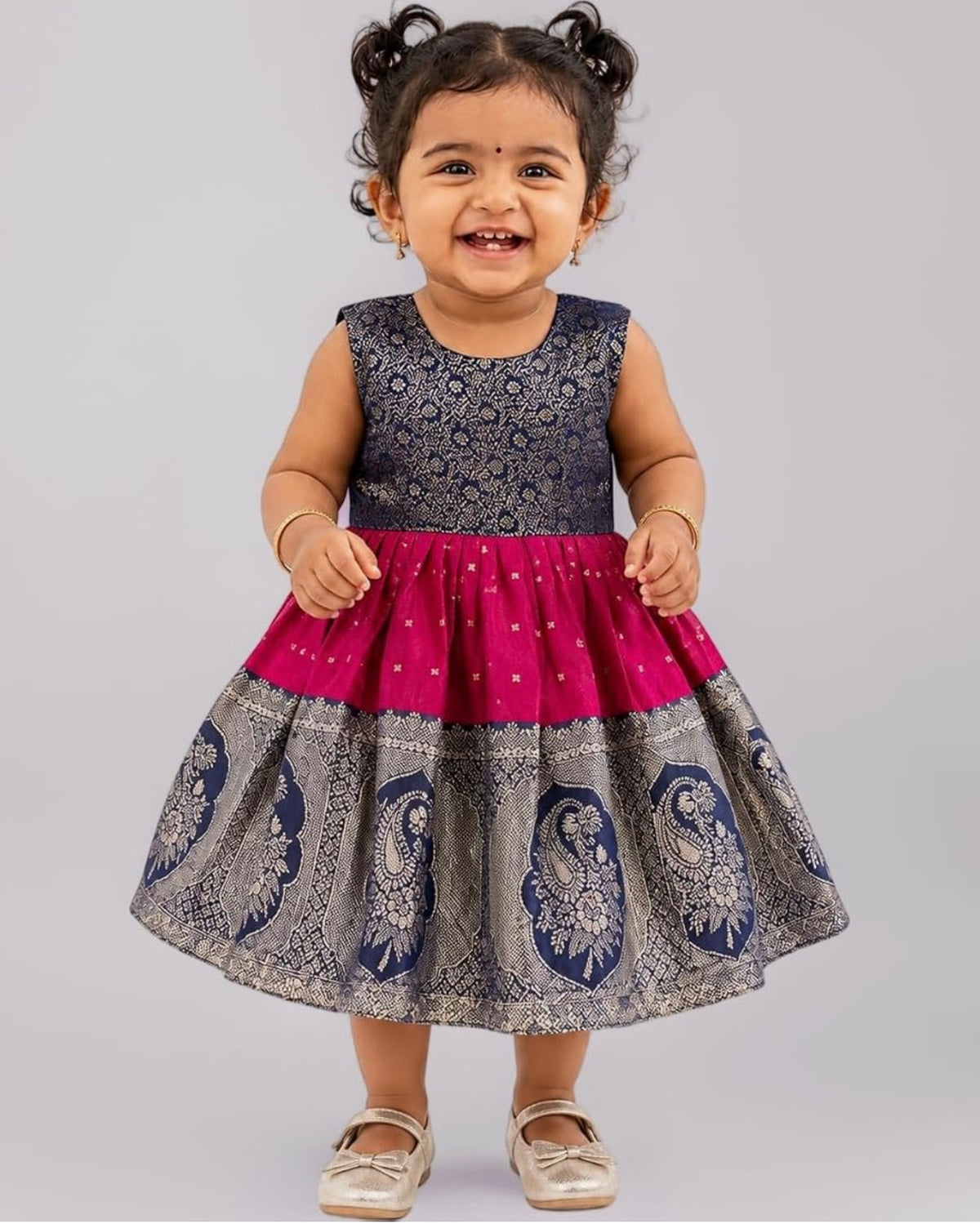 TRADITIONAL PATTU PAVADAI JACQUARD FROCK DRESS FOR BABY GIRL - PINK & BLUE