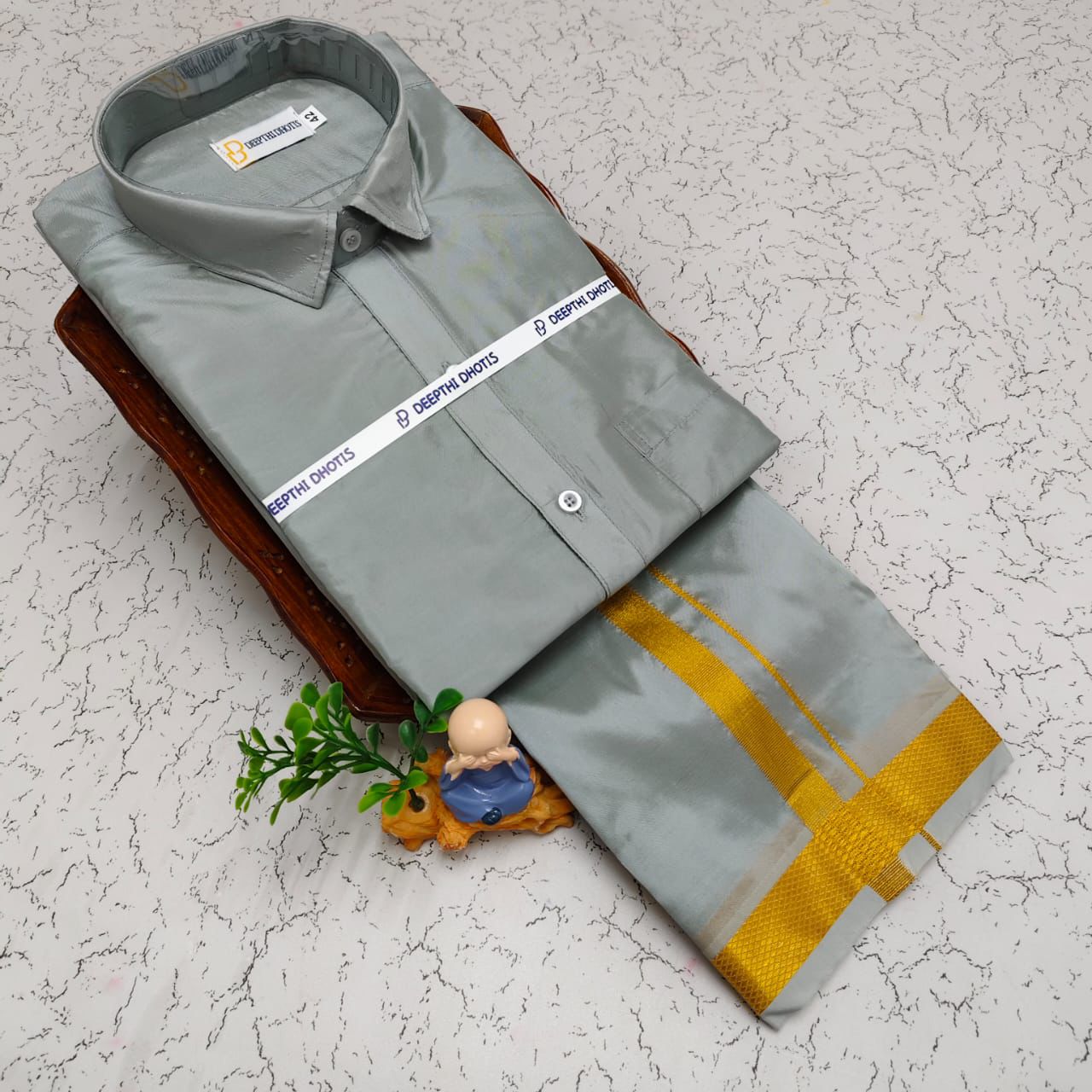 MEN'S PREMIUM SILK VELCRO DHOTI SHIRT SET - STEEL GREY