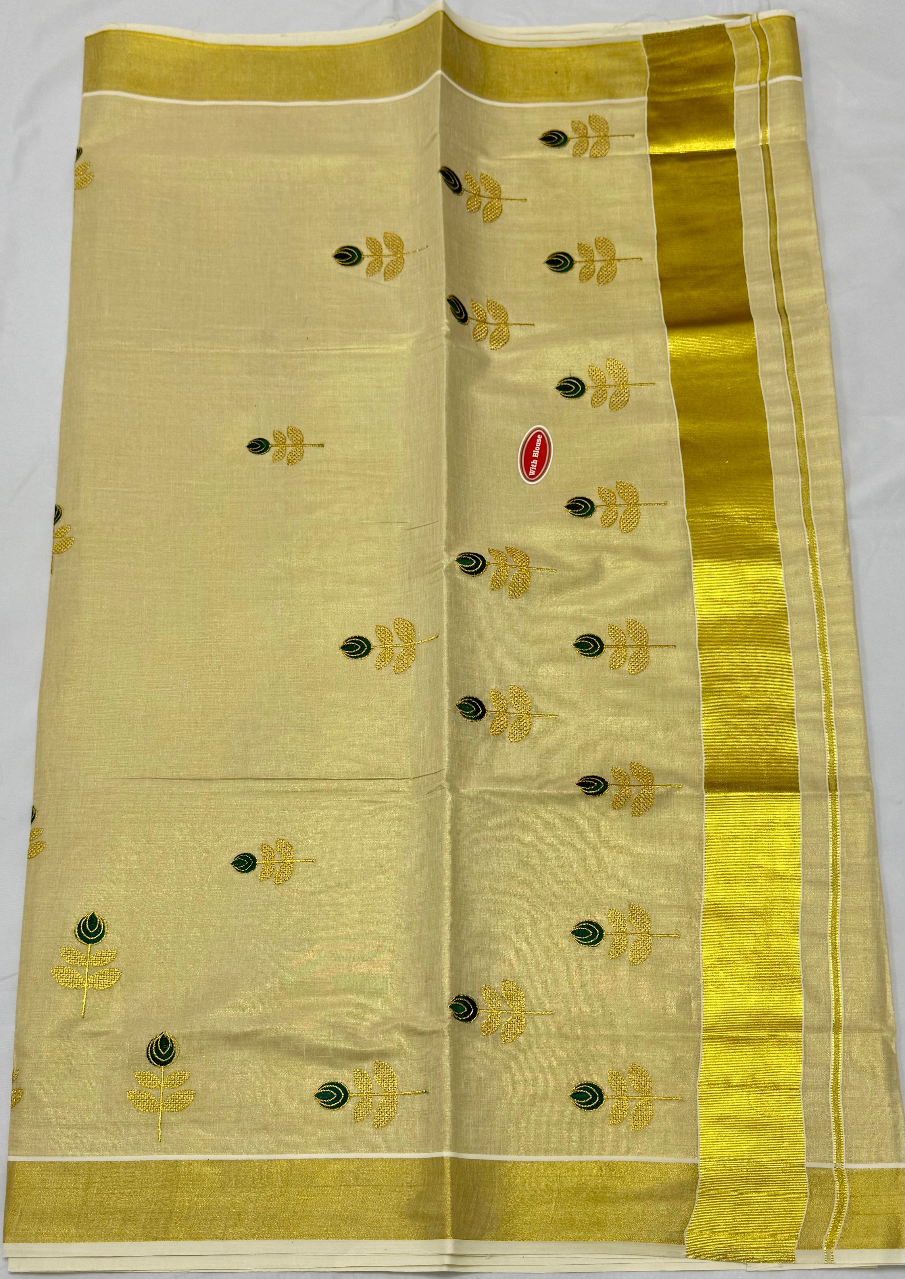 KERALA KASAVU TISSUE SILK EMBROIDERY SAREE - (GOLD,CREAM)