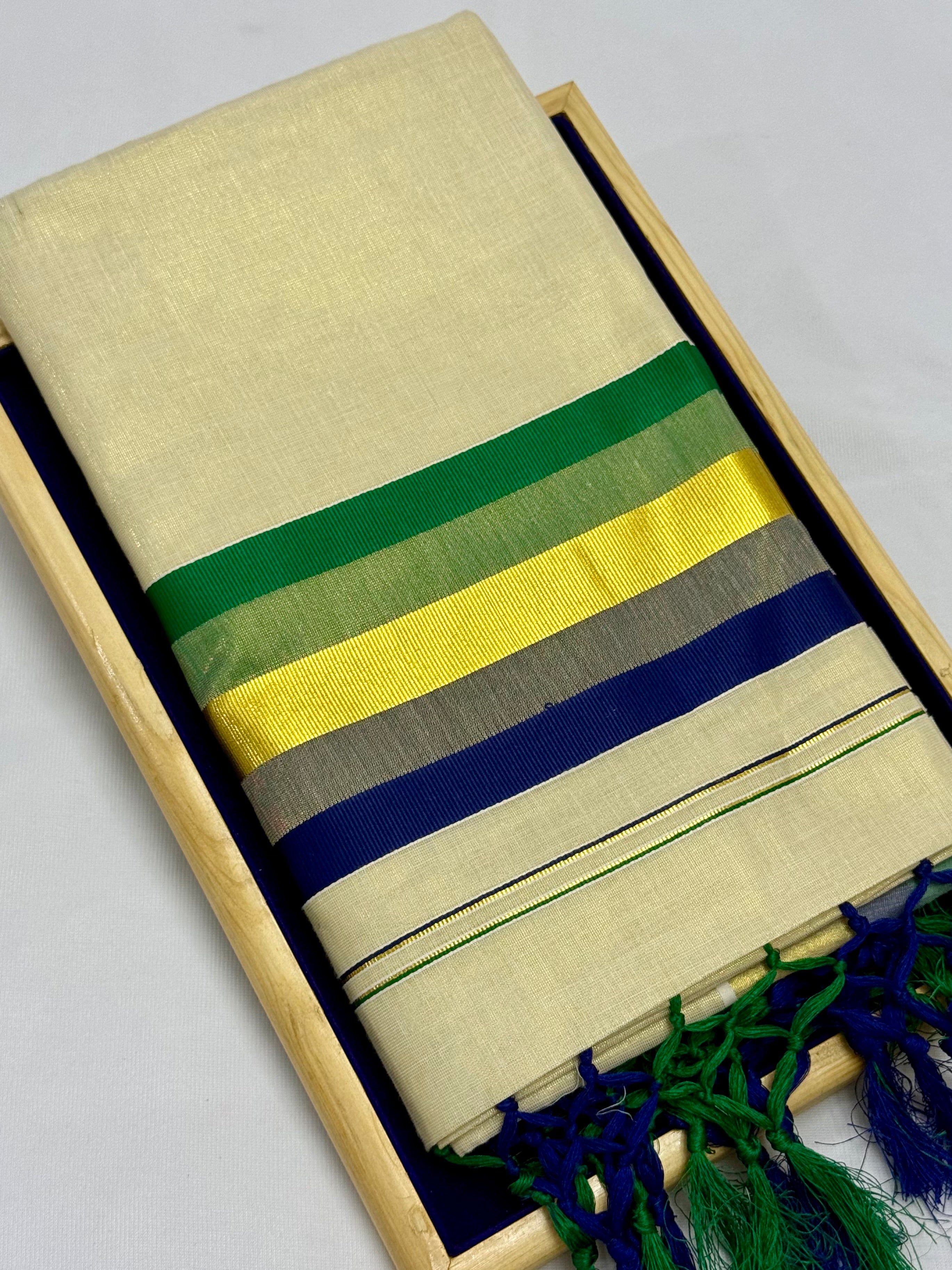 MULTI COLOUR STRIPES GOLDEN KASAVU TISSUE SAREE - (CREAM,GOLD)