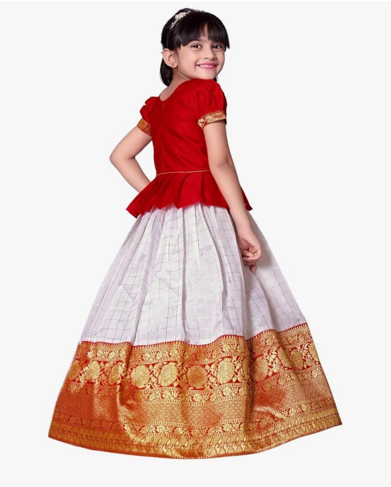 GIRLS SILK BLEND READYMADE PATTU PAVADAI/LEHENGA CHOLI - RED & HALF WHITE